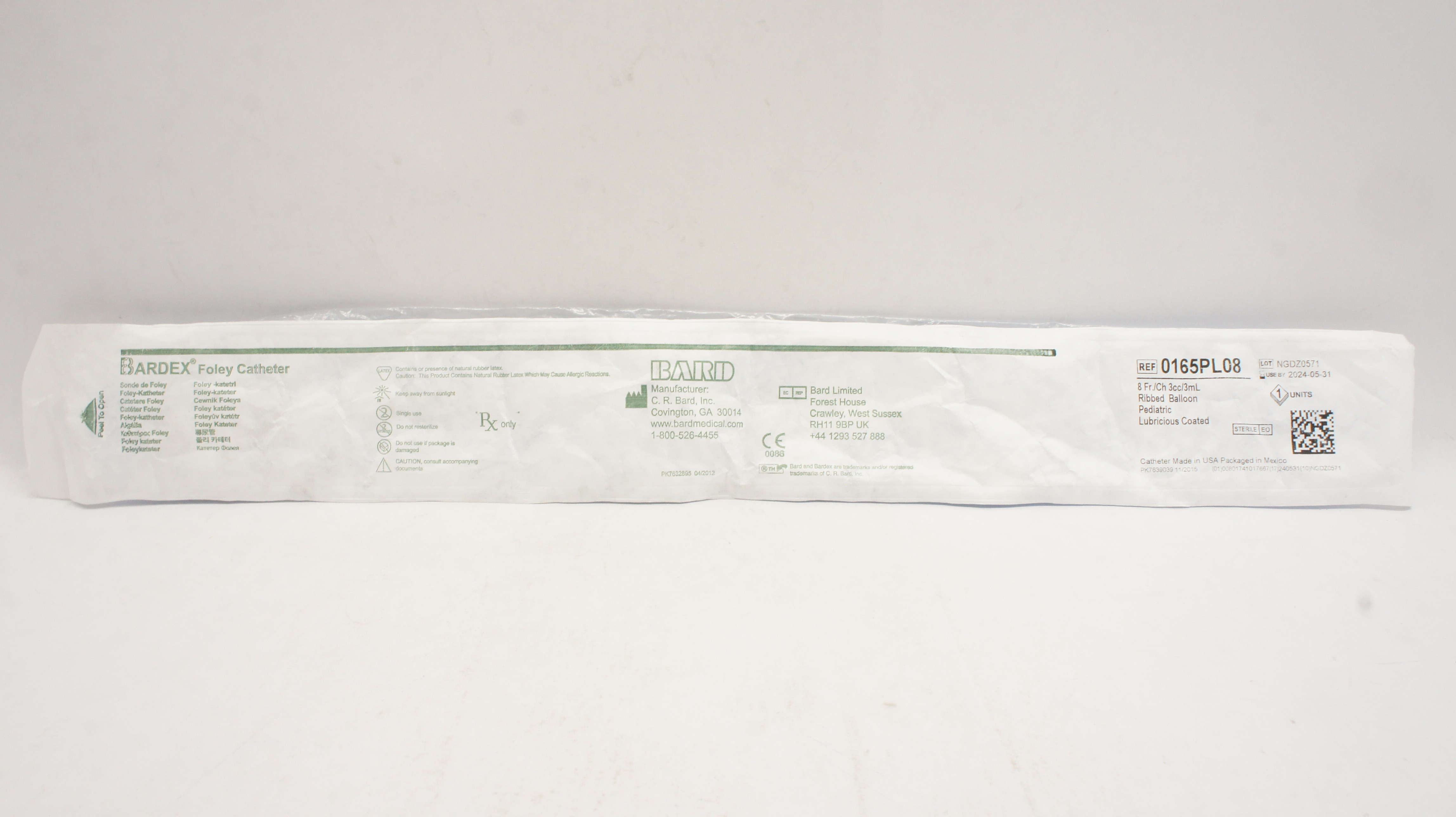 Bard 0165PL08 Bardex Foley Cath. 8Fr. 3cc Ribbed Balloon Pediatric