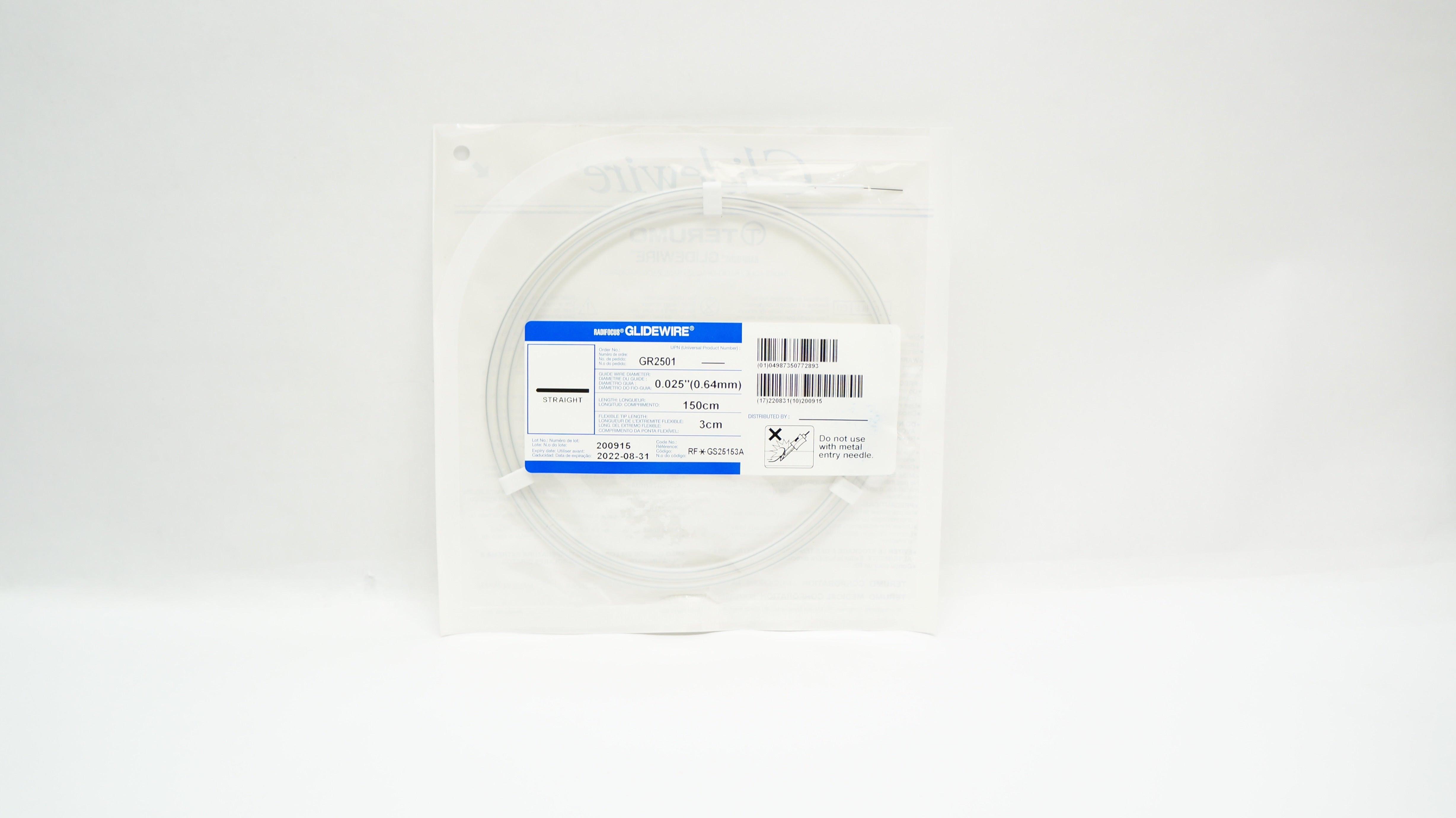 Terumo GR2501 Radifocus Glidewire Straight 0.025inch x 150cm x 3cm (x)