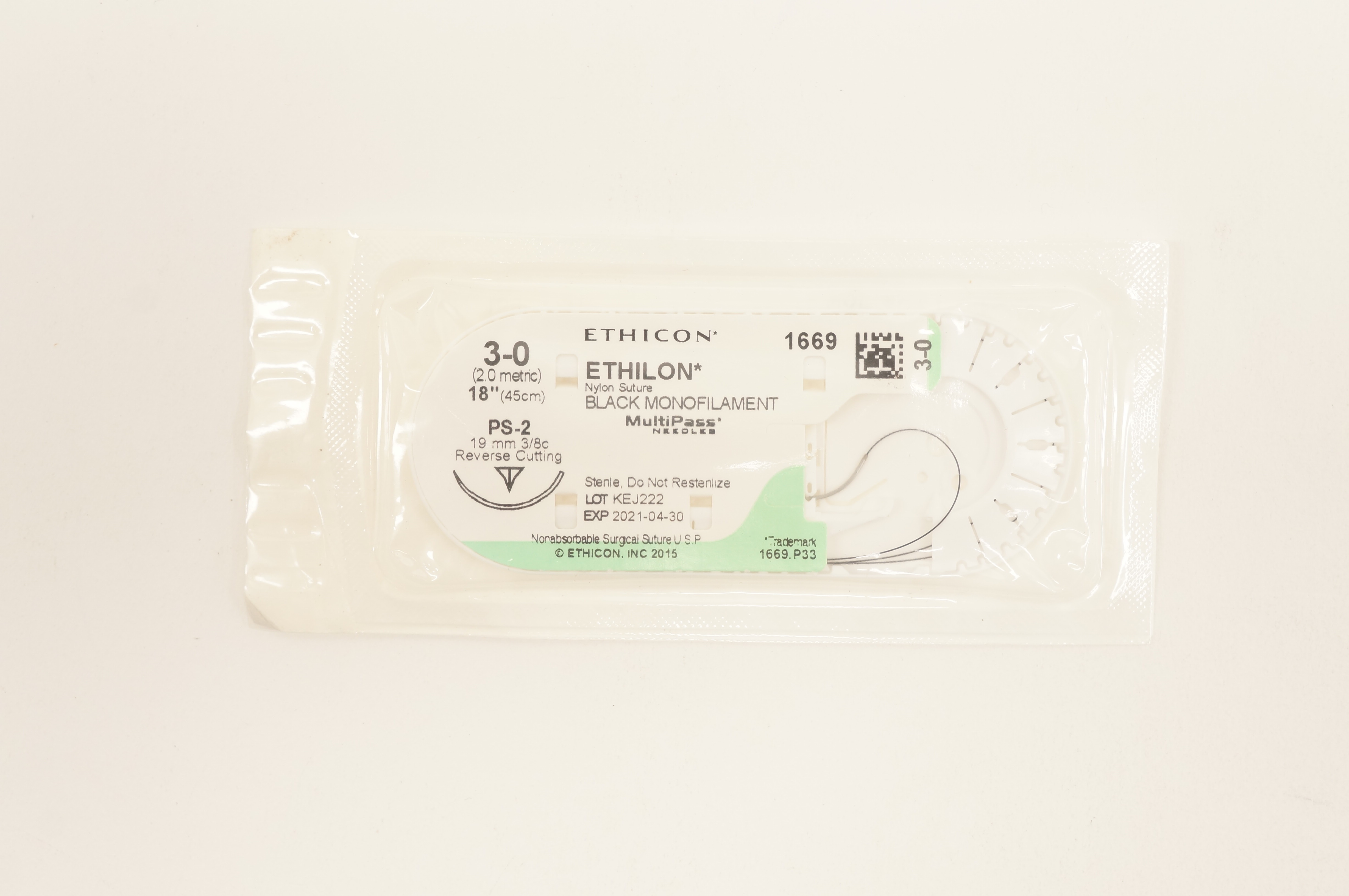 Ethicon 1669 3-0 ETHILON Nylon Stre PS-2 19mm 3/8c Reverse Cutting 18inch (x)