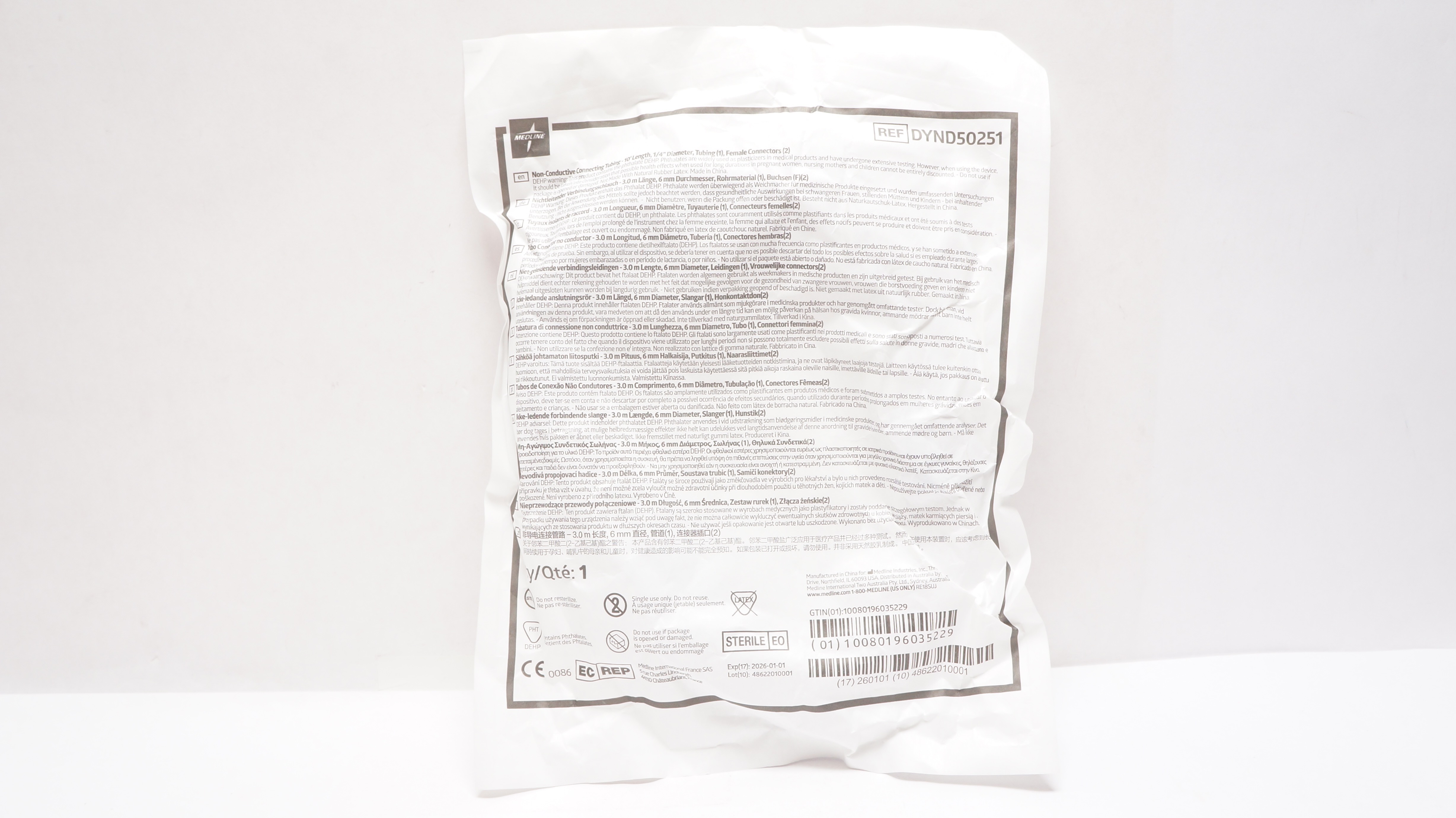 Medline DYND50251 Non-Conductive Connecting Tubing 10Ft x 1/4inch