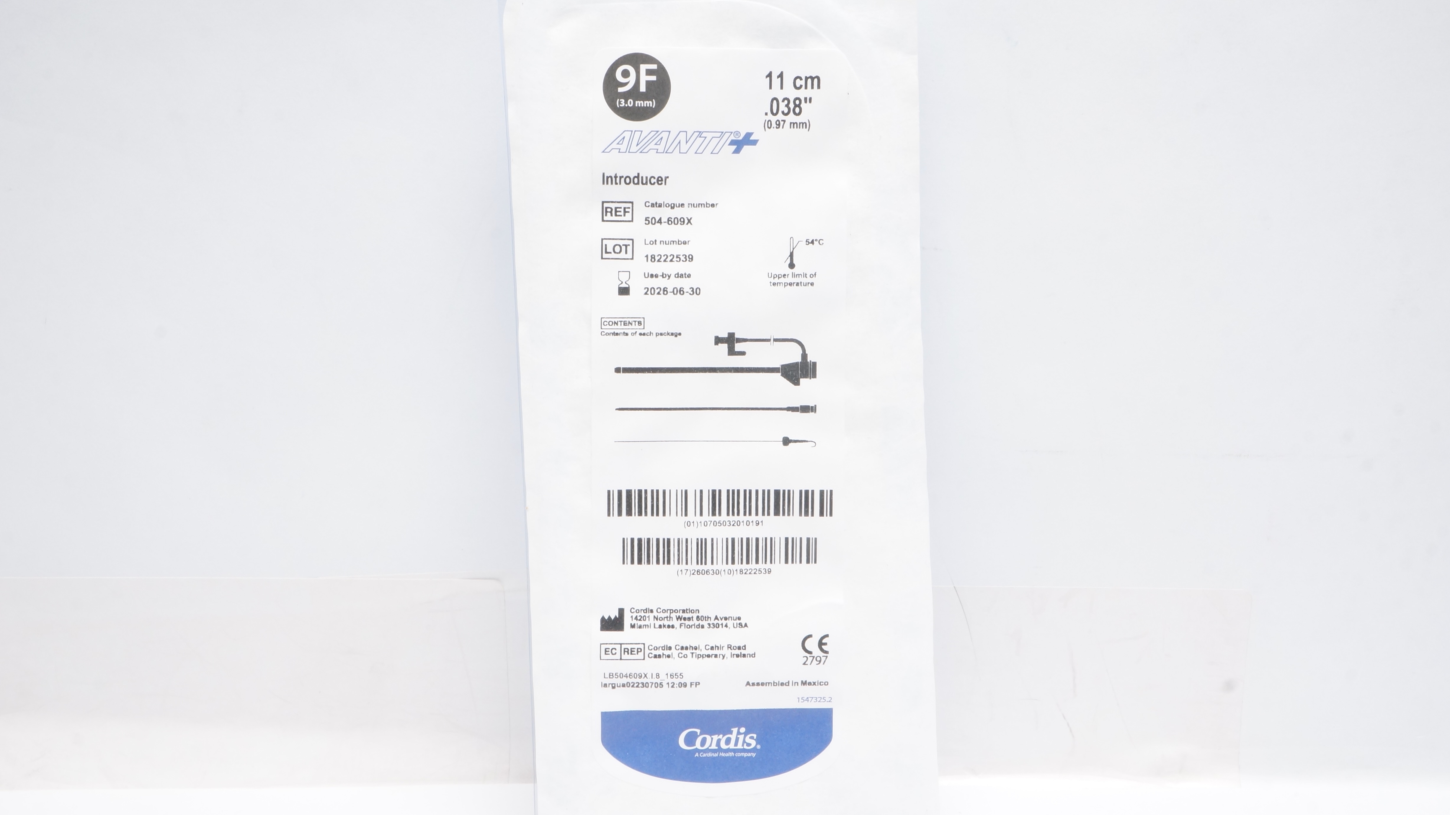 Cordis 504-609X AVANTI + Introducer 9F x 11cm x 0.038inch