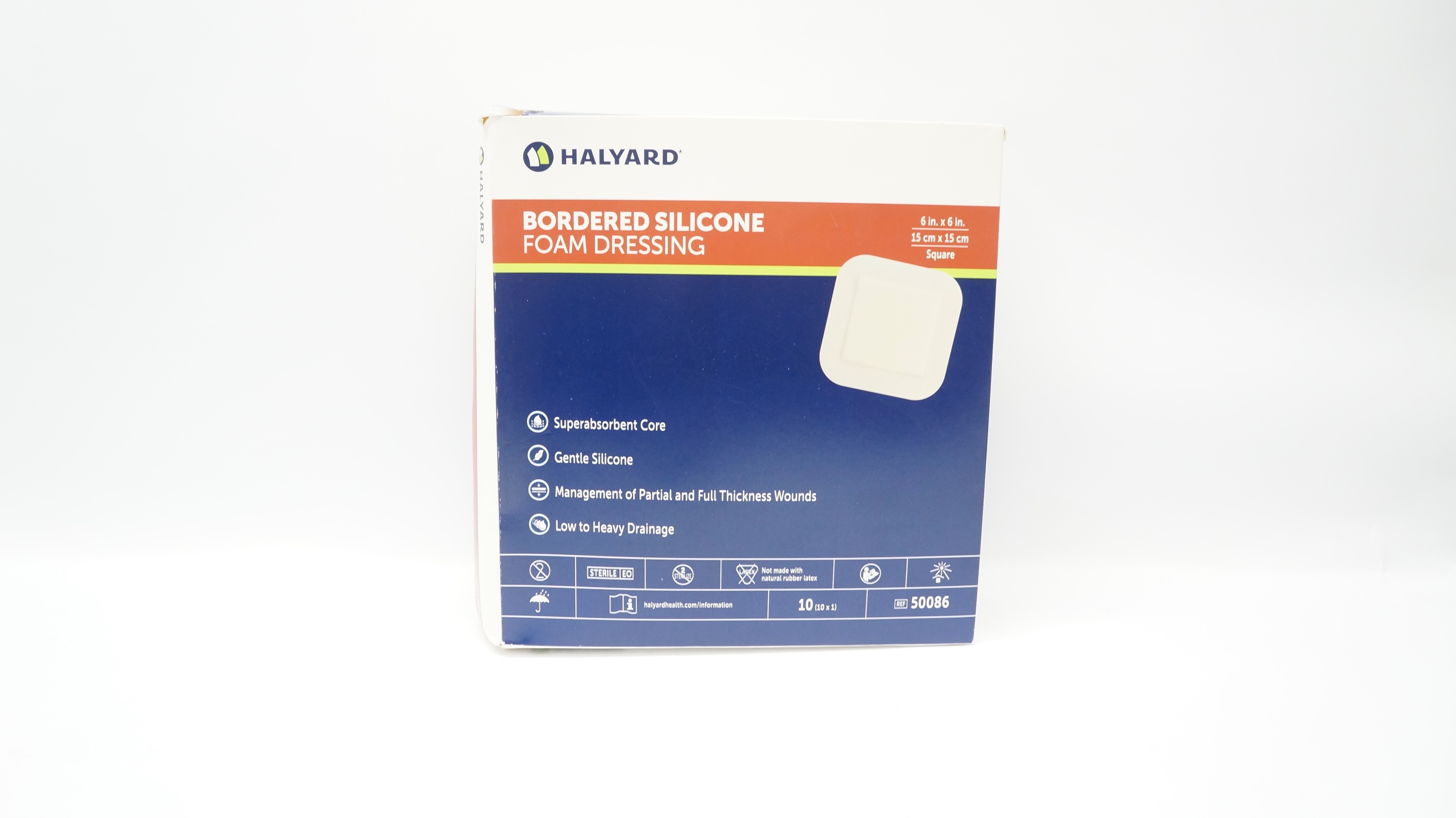 Halyard 50086 Bordered Silicone Foam Dressing 6In x 6In Square - Box of 8