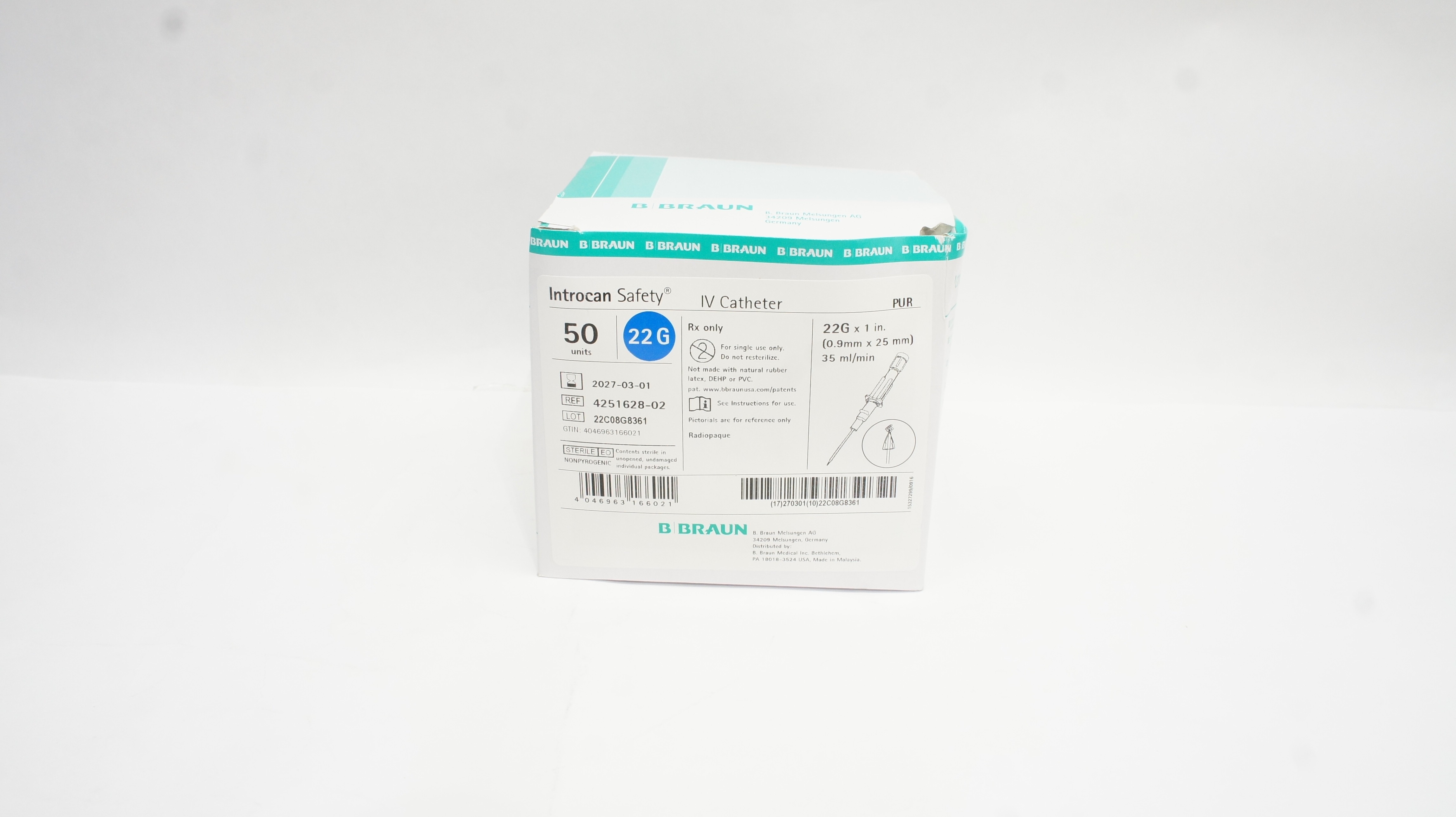 Braun 4251628-02 Introcan Safety IV Cath. 22G x 1inch 35ml/min - Box of 50