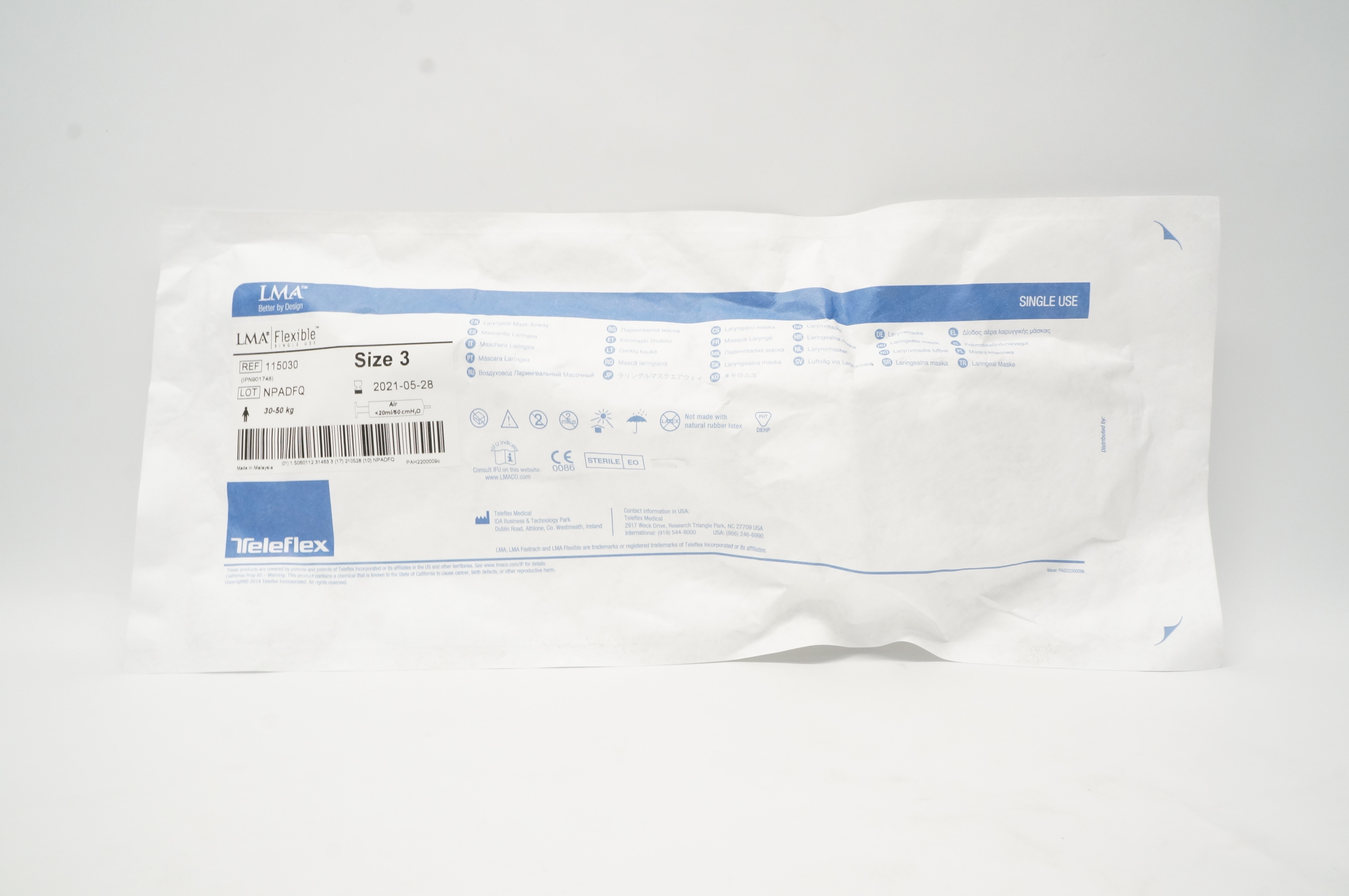 Teleflex 115030 LMA Laryngeal Mask Airway, Size 3, 30-50kg (x)