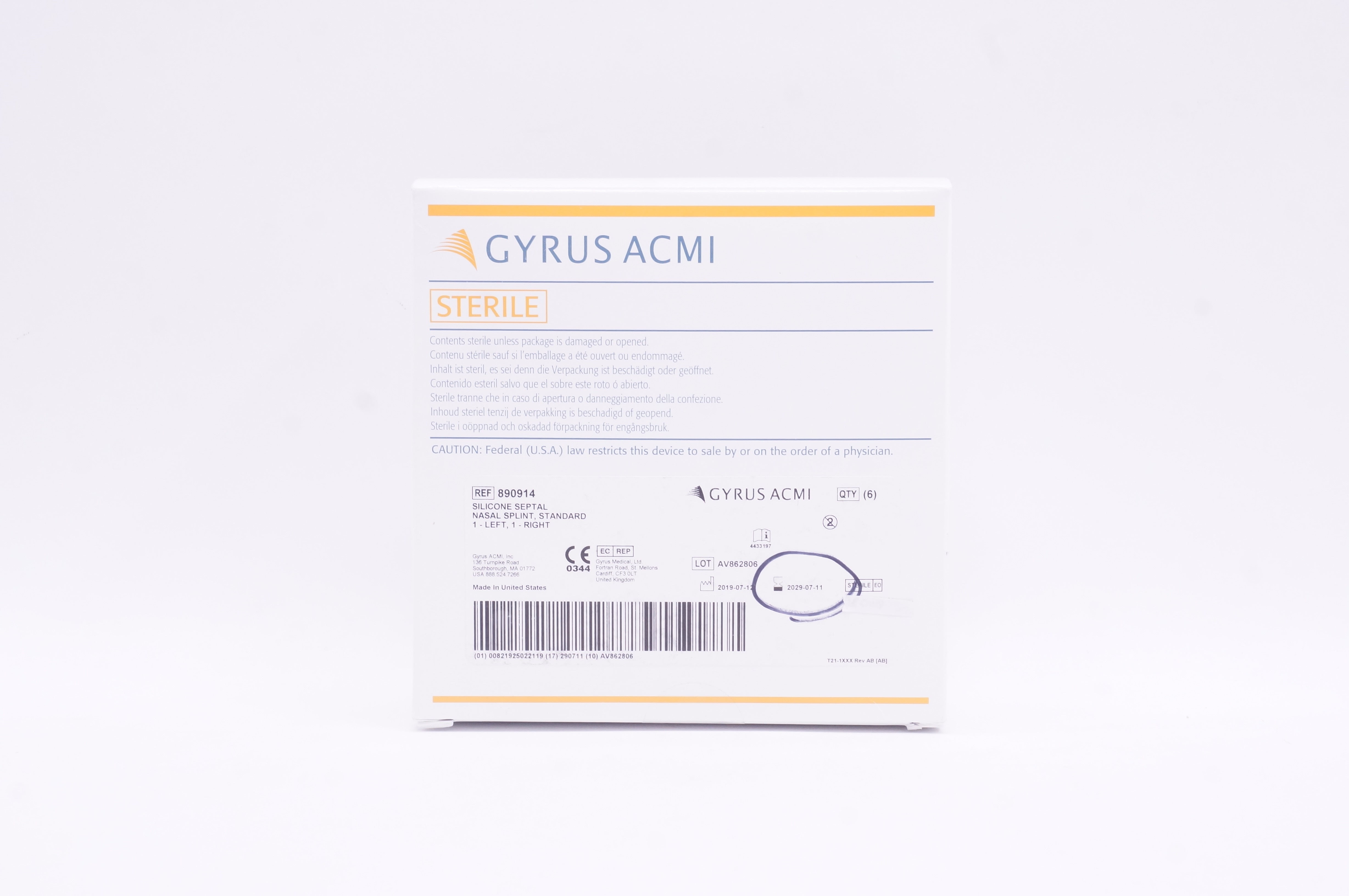 Gyrus 890914 Silicone Septal Nasal Splint, Standard, 1 Left, 1 Right - Box of 6