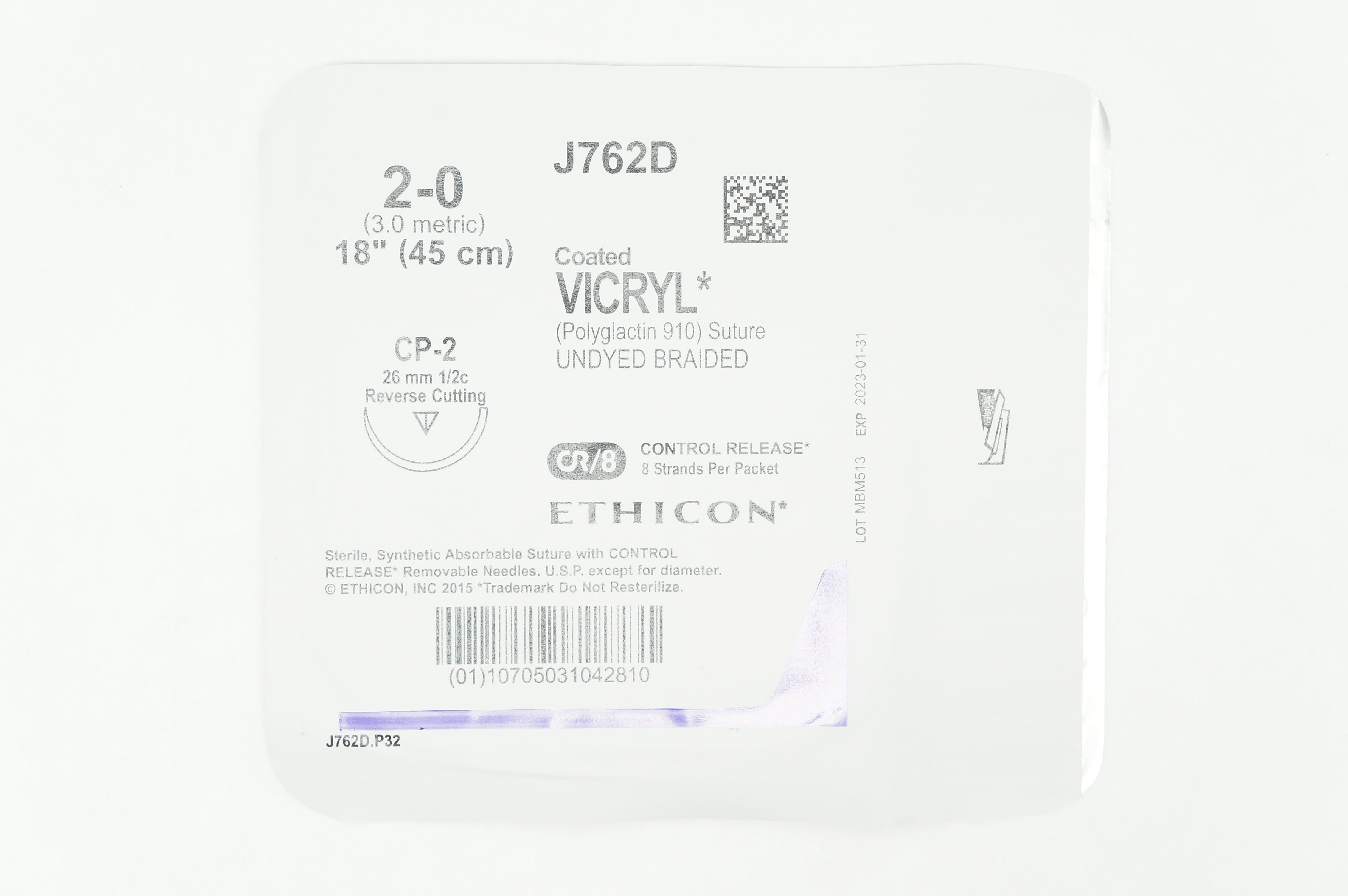 Ethicon J762D 2-0 VICRYL CP-2, 26mm 1/2c Reverse Cutting, 18inch
