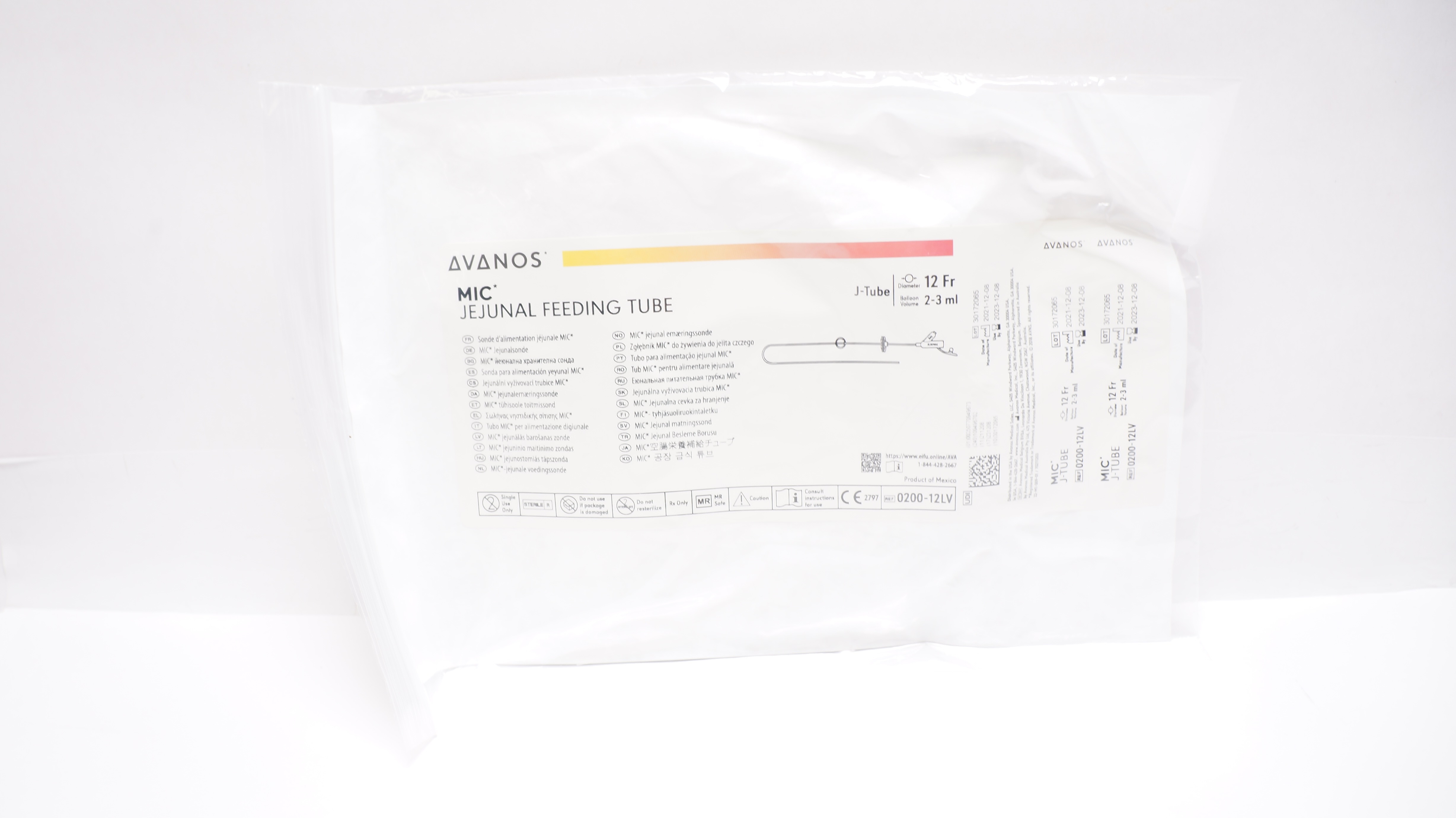 Avanos 0200-12LV MIC Jejunal Feeding Tube J-Tube 12 Fr 2-3mL (x)