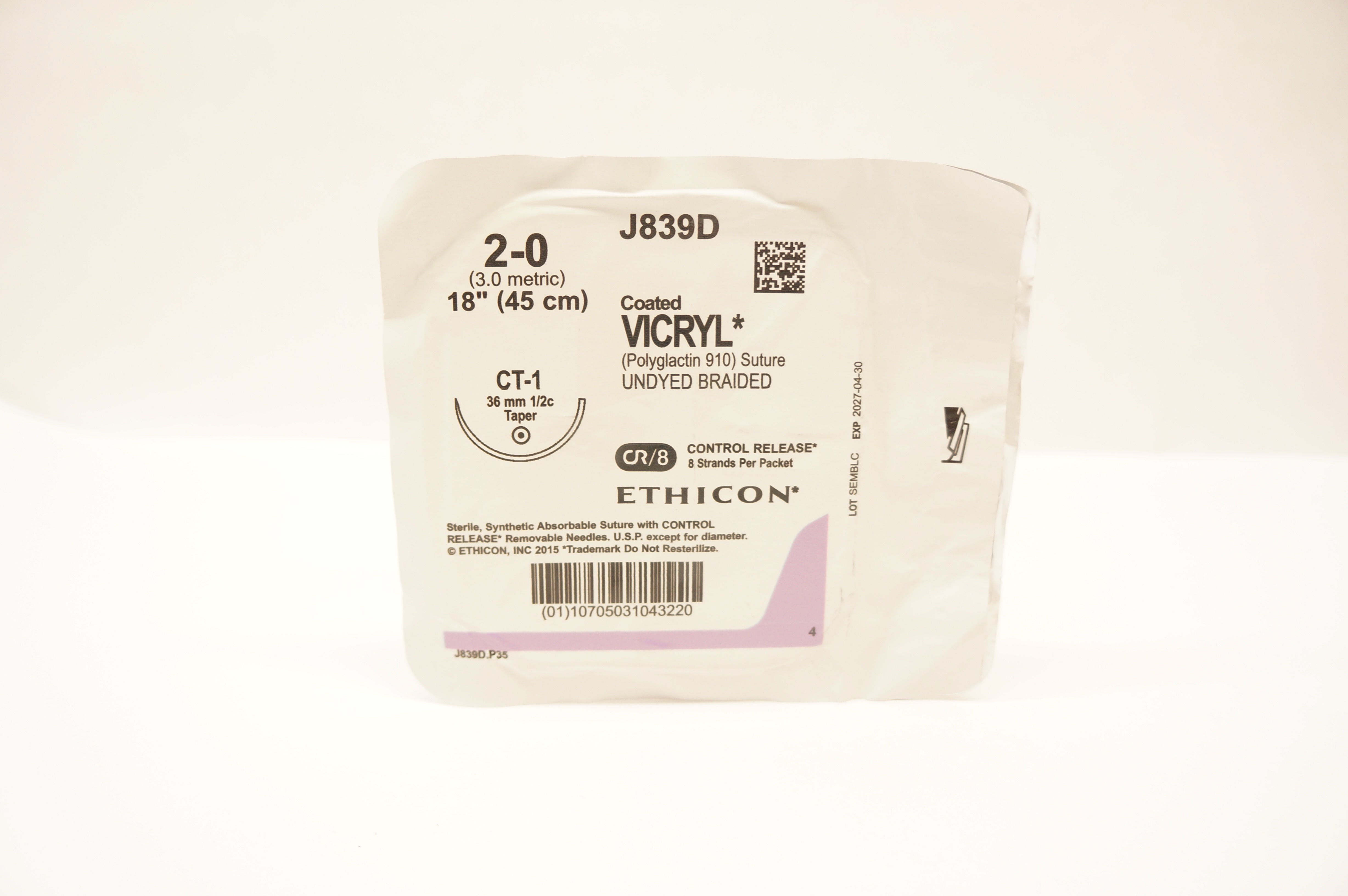 Ethicon J839D 2-0 Coated VICRYL Polyglactin Stre CT-1 36mm 1/2c Taper 18 inch