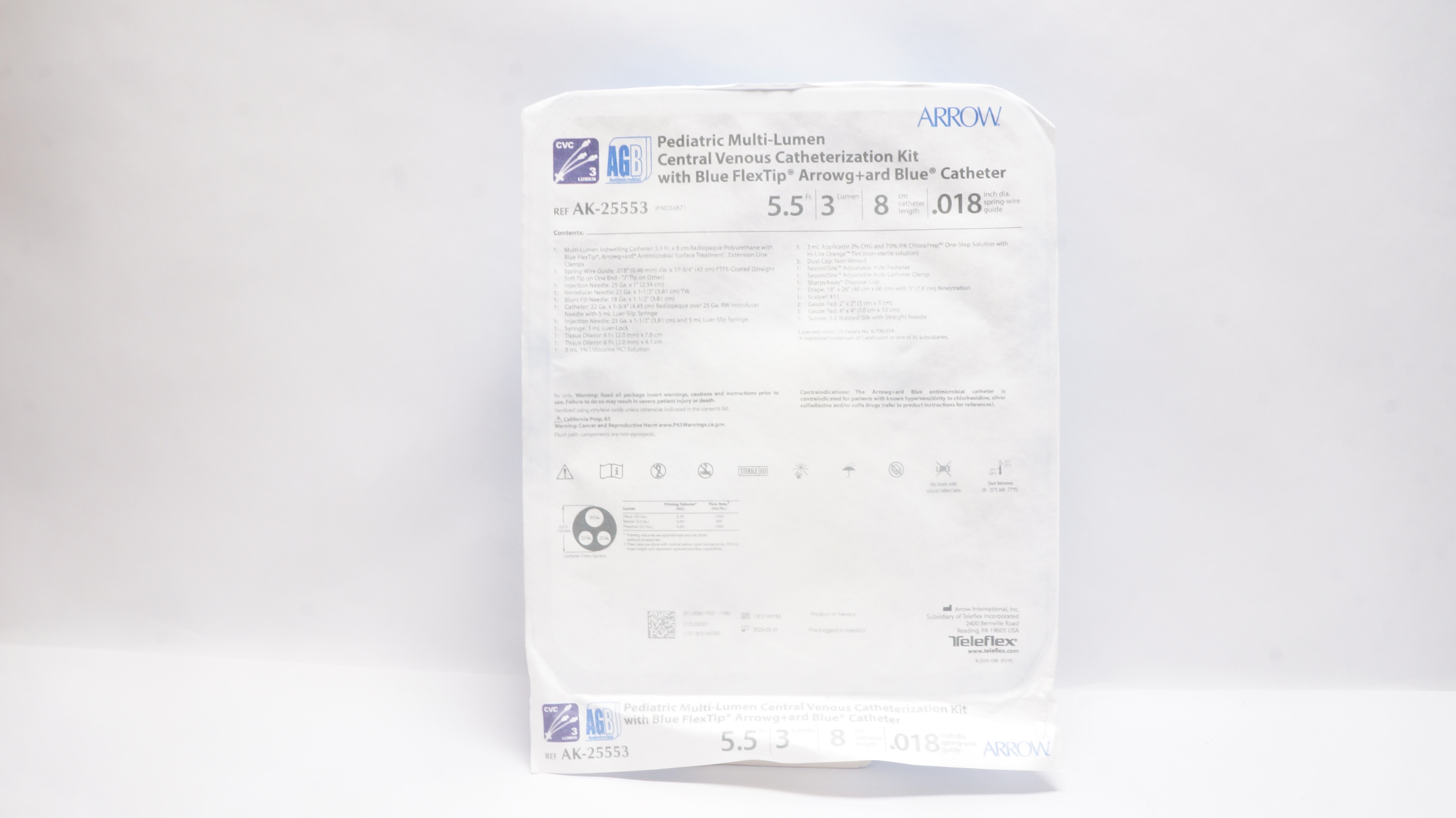 Arrow AK-25553 Pediatric Multi-Lumen CVC Kit W/Blue FlexTip Cath. 5.5Fr (x)