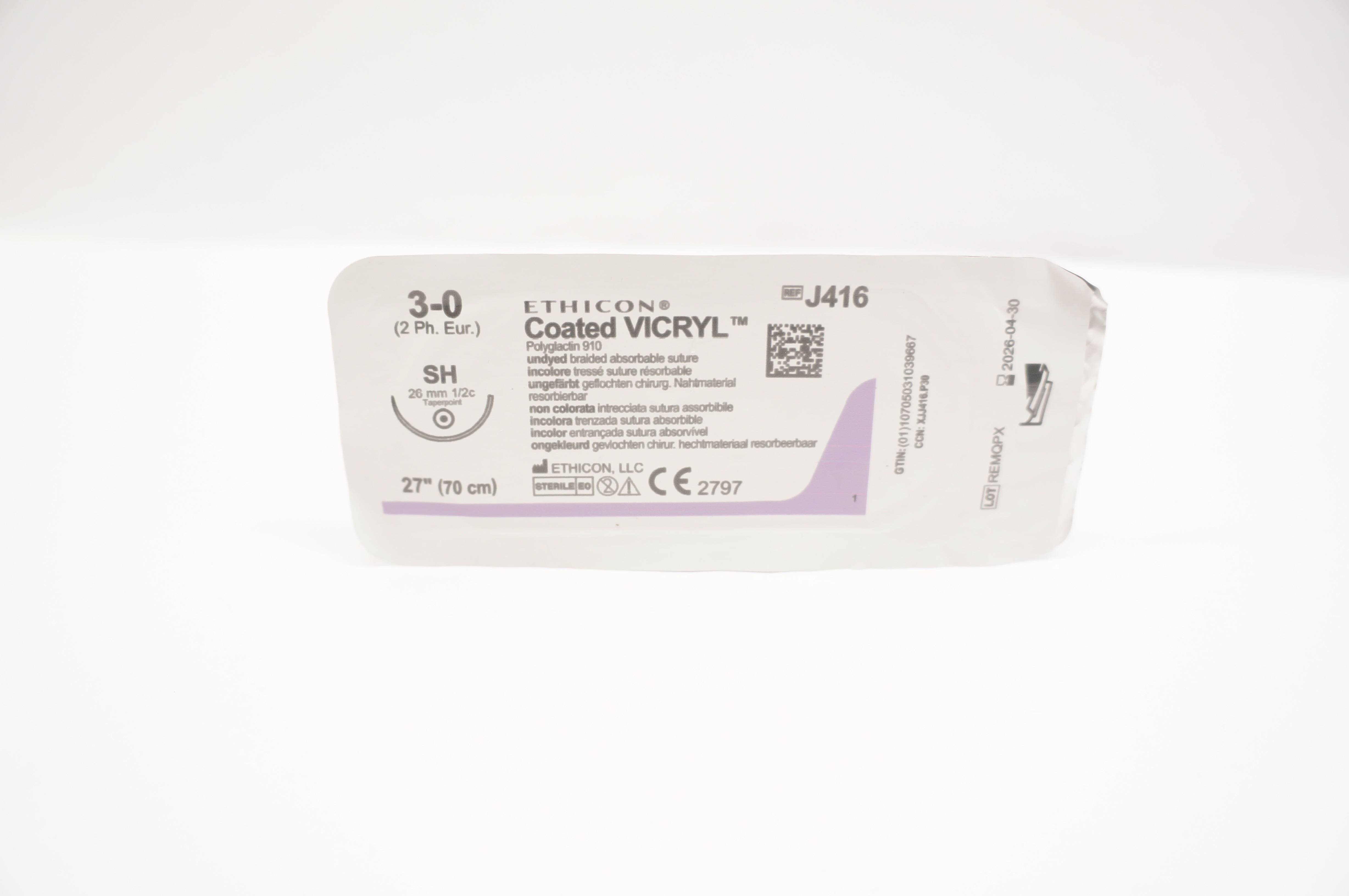 Ethicon J416 3-0 Coated VICRYL Polyglactin Stre SH 26mm 1/2c Taperpoint, 27inch
