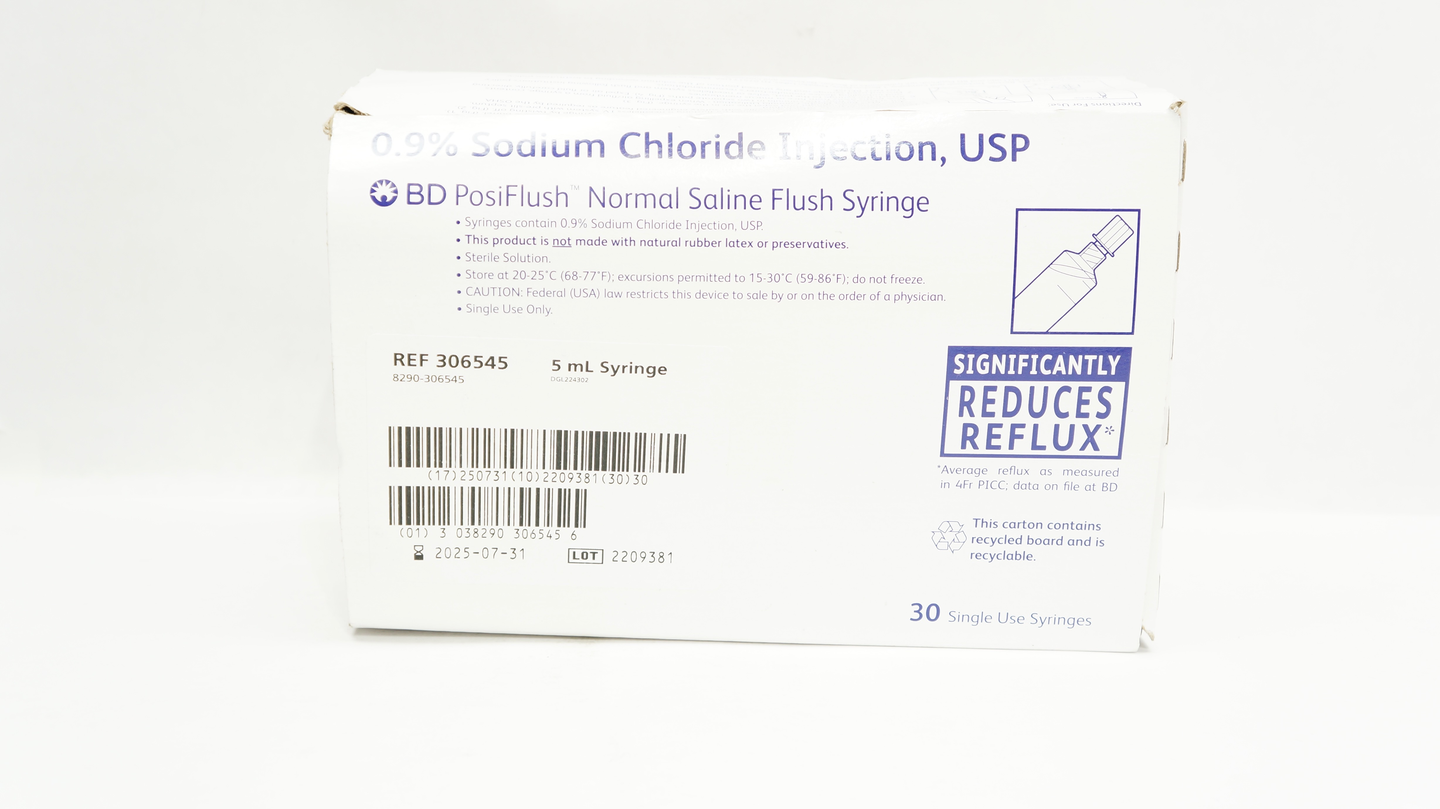 BD 306545 PosiFlush Normal Saline Flush 5mL Syringe - Box of 30
