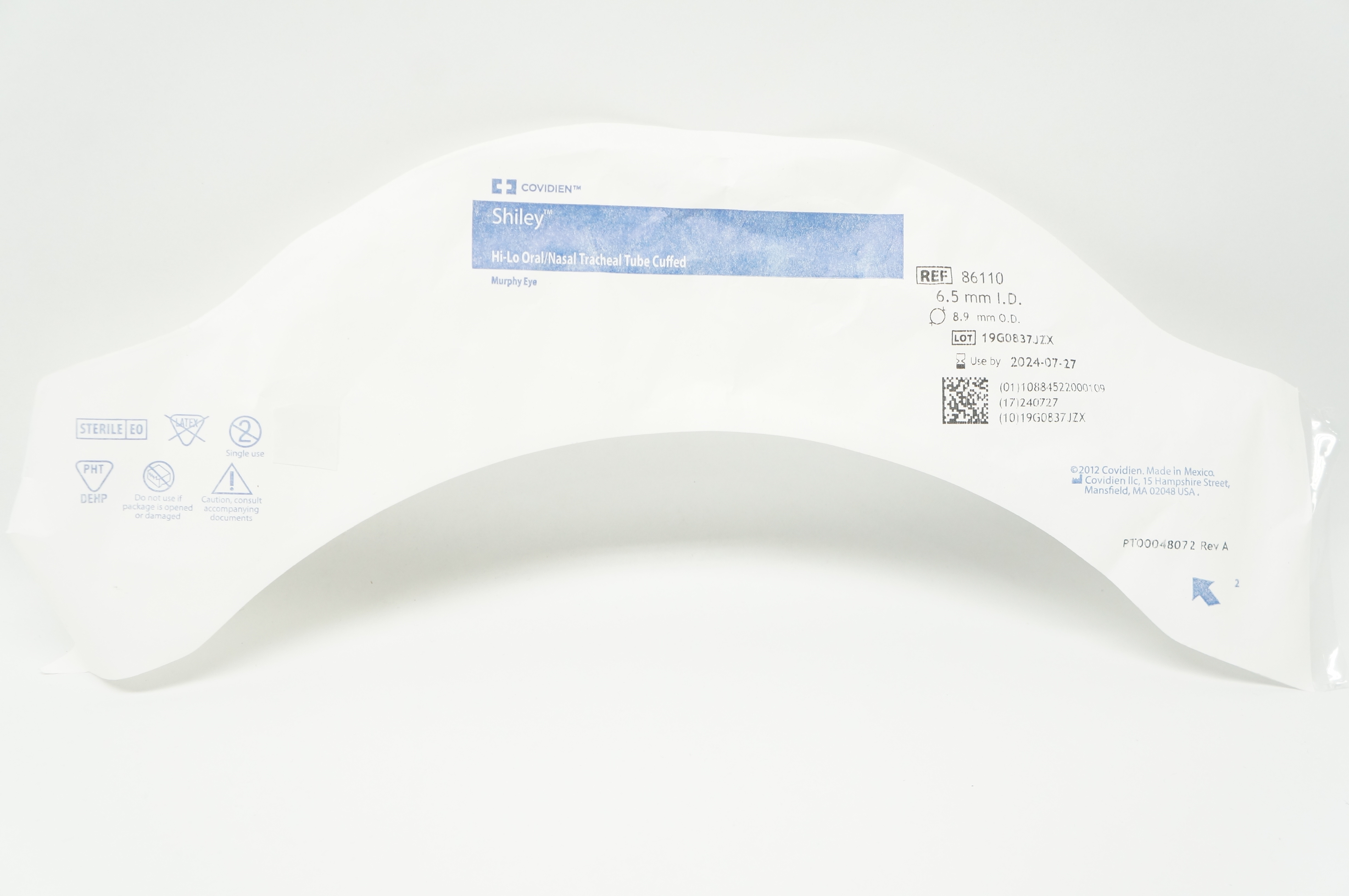 Covidien 86110 Shiley Hi-Lo Oral/Nasal Tracheal Tube Cuffed 6.5mm ID x 8.9mm OD