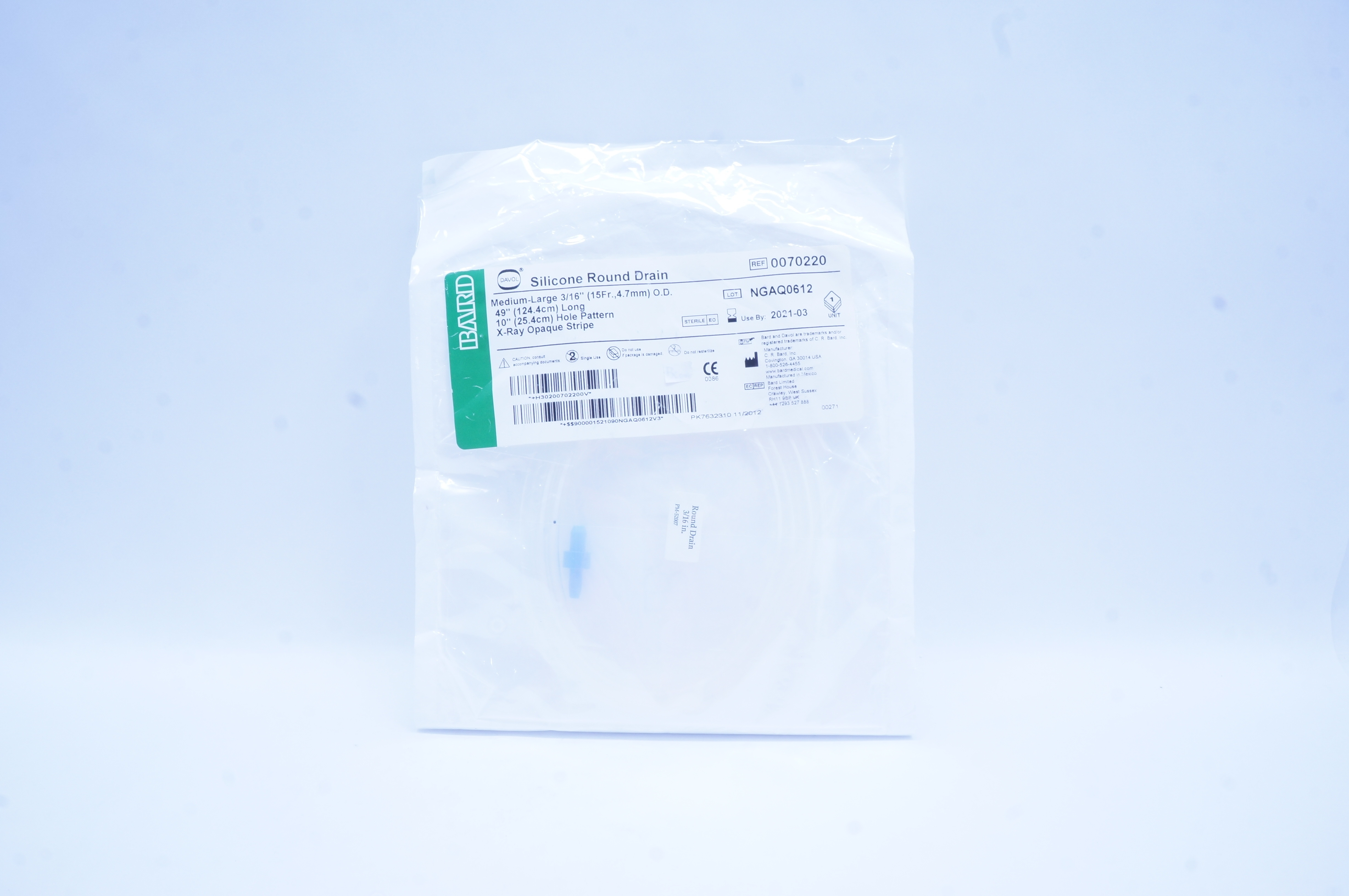 Bard 0070220 Davol Silicone Round Drain 3/16 inch O.D. x 49 inch x 10 inch (x)