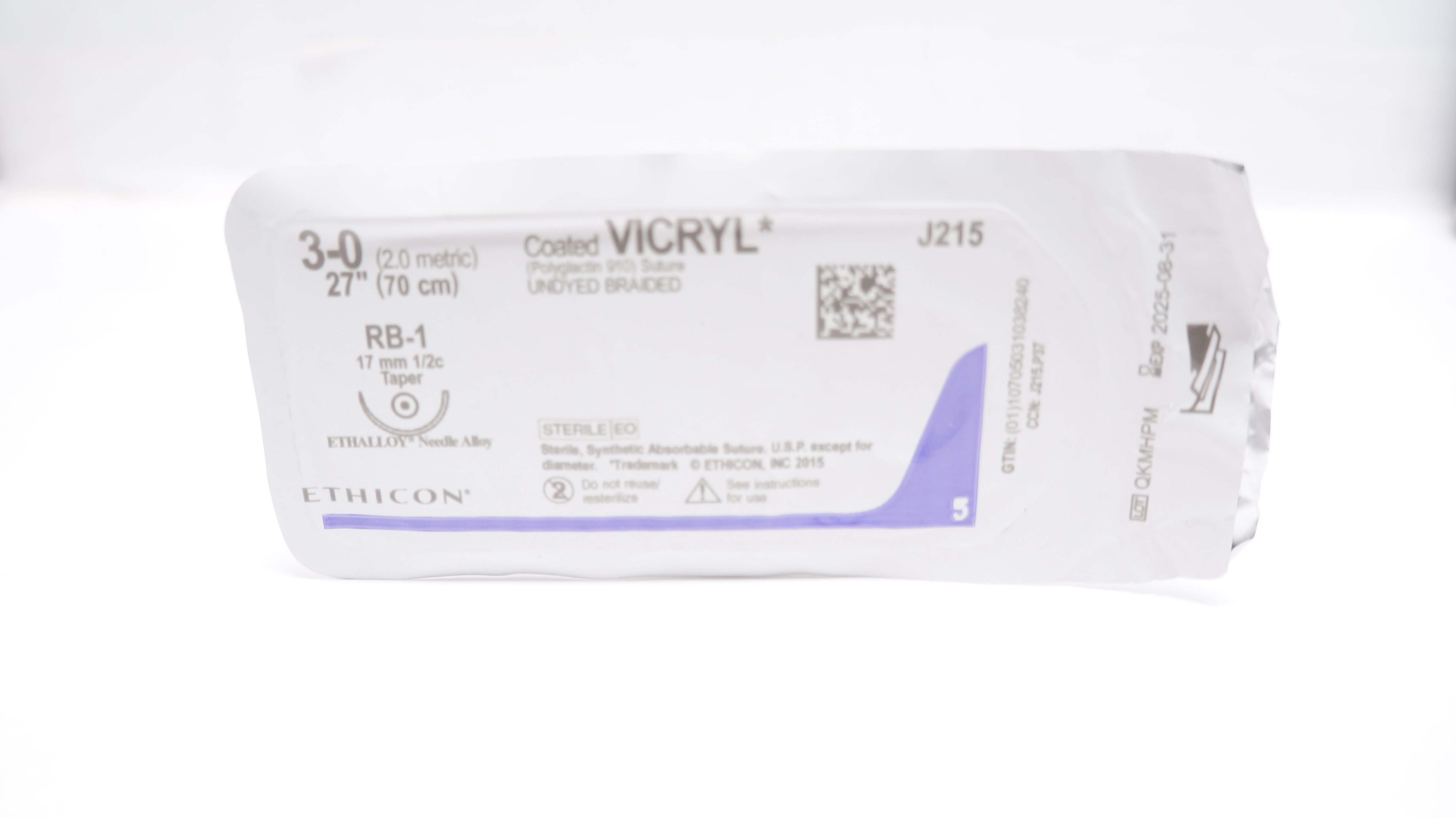Ethicon J215 3-0 Coated VICRYL Polyglactin Stre RB-1 17mm 1/2c Taper, 27inch (x)