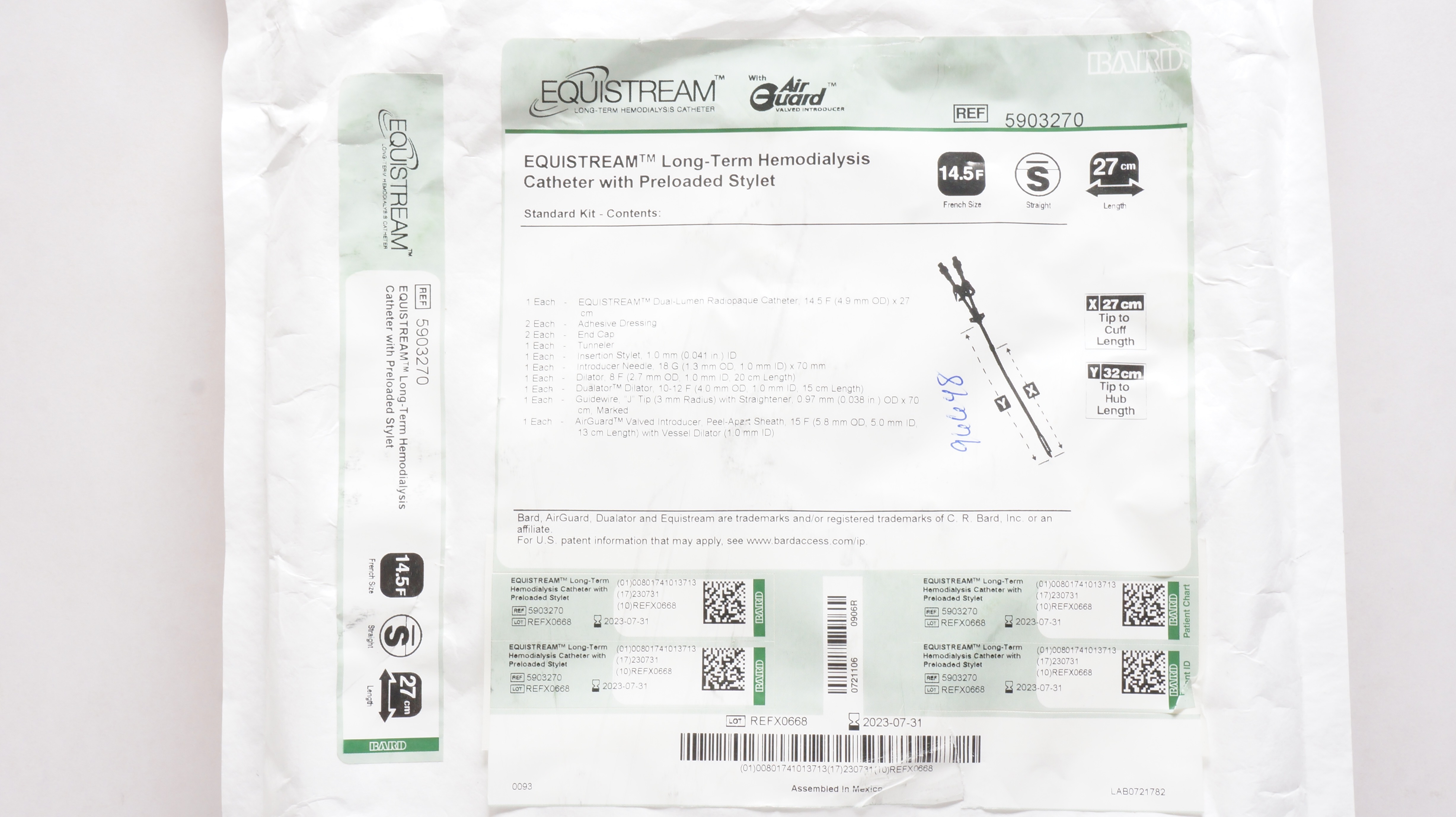 Bard 5903270 Equistream Air Guard Long-Term Hemodialysis Cath. 14.5F x 27cm