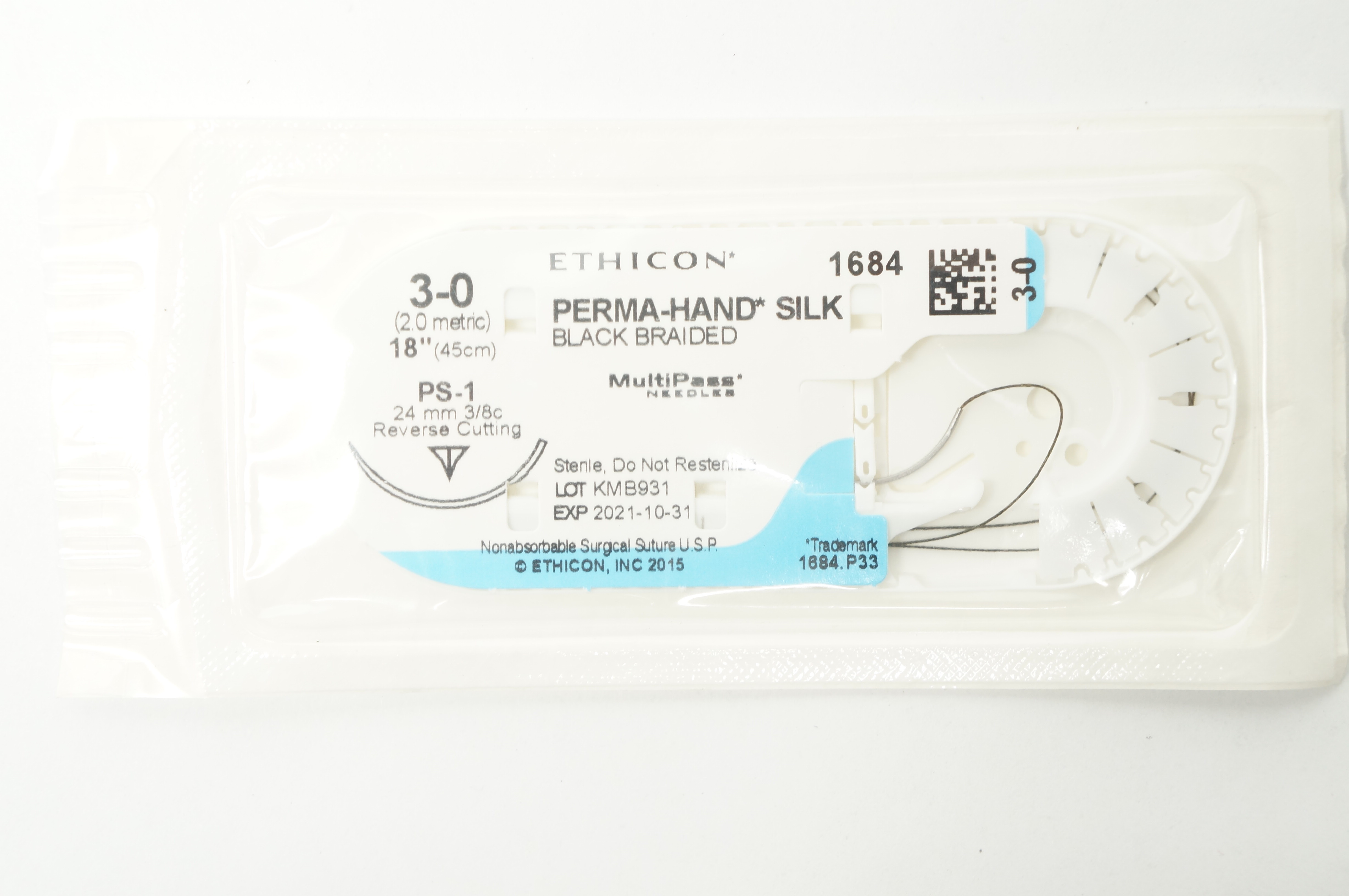 Ethicon 1684 3-0 PERMA-HAND SILK, PS-1, 24mm 3/8c Reverse Cutting, 18inch (x)