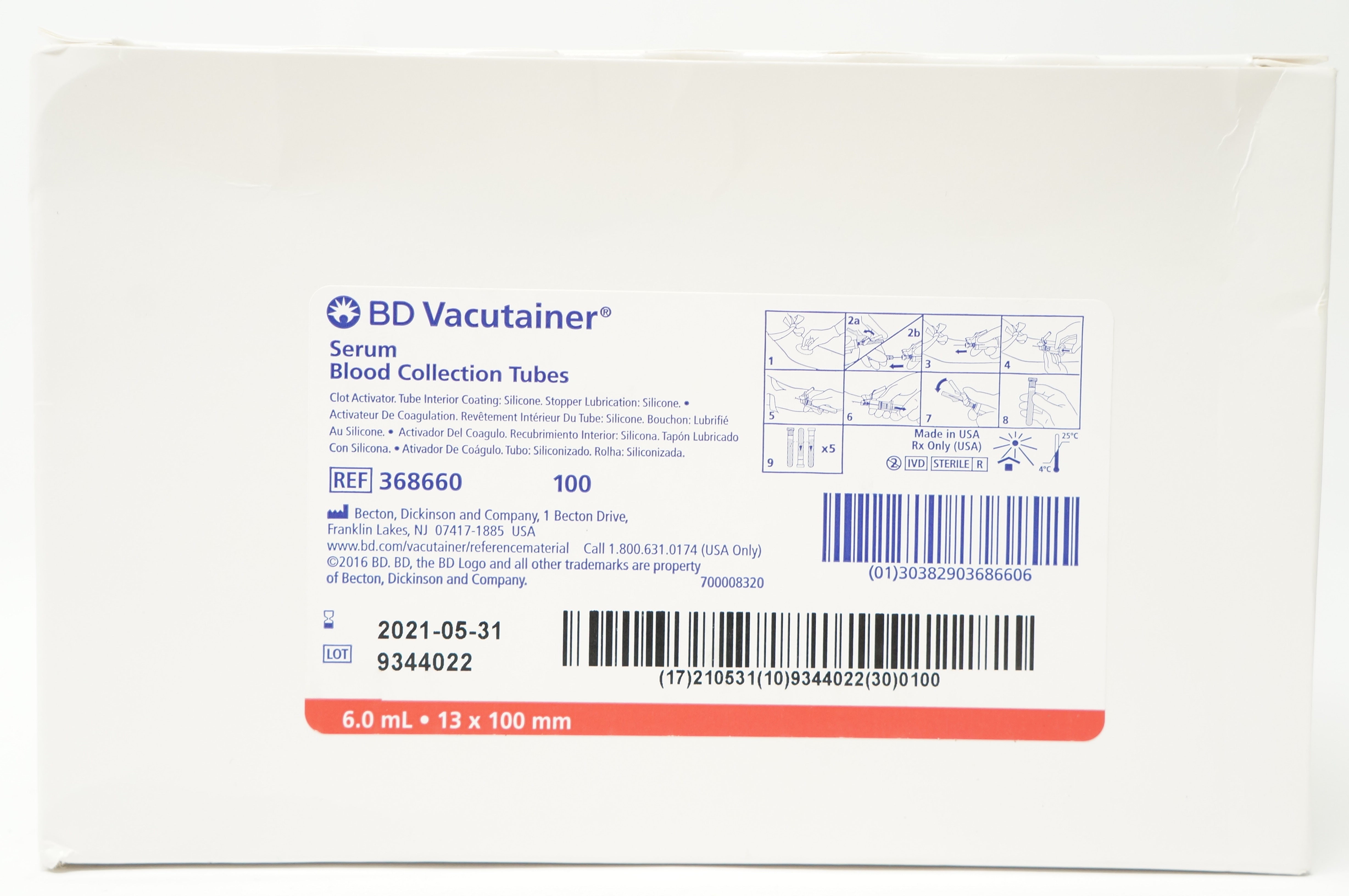 BD 368660 Vacutainer Serum Blood Collection Tubes 13 x 100mm - Box of 100 (x)