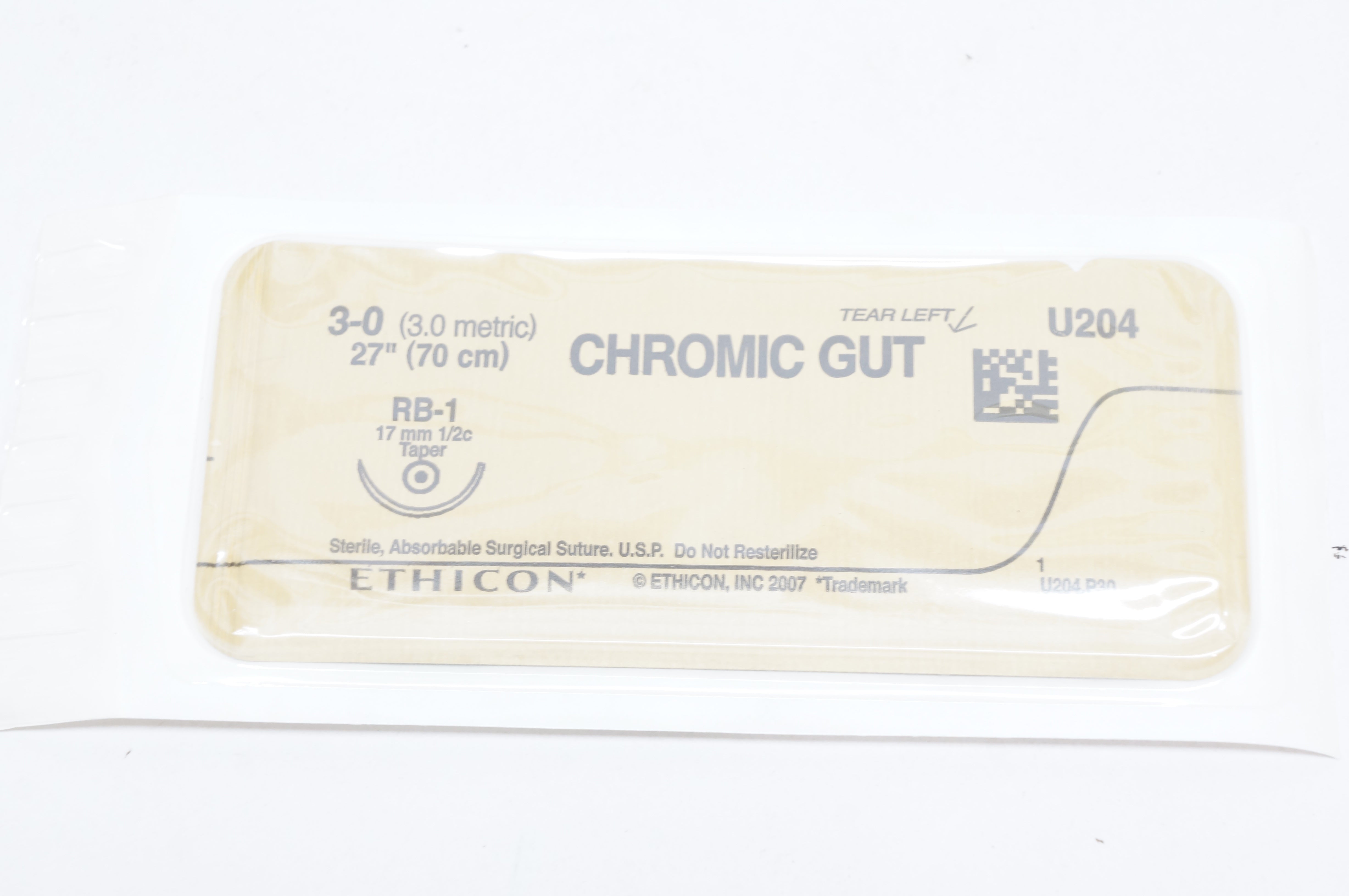 Ethicon U204 3-0 CHROMIC GUR, RB-1, 17mm 1/2c Taper, 27inch (x) - Box of 34