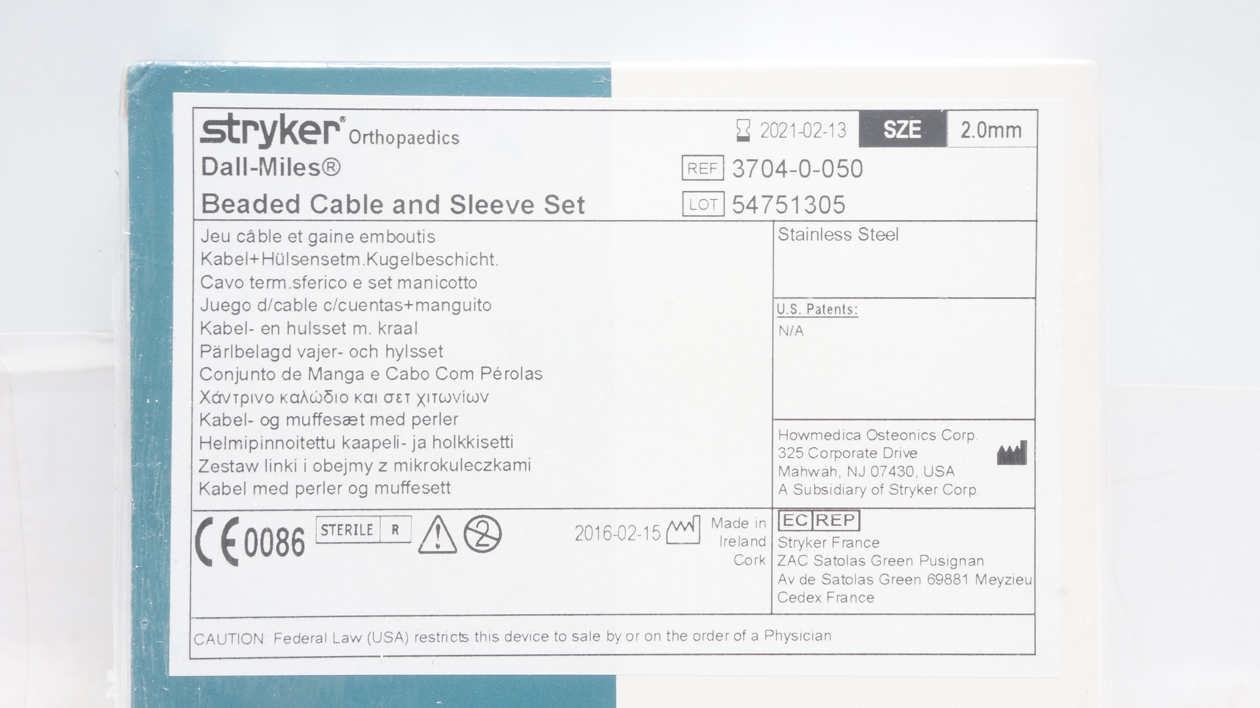 Stryker 3704-0-050 Dall-Miles Beaded Cable & Sleeve Set 2.0mm (x)