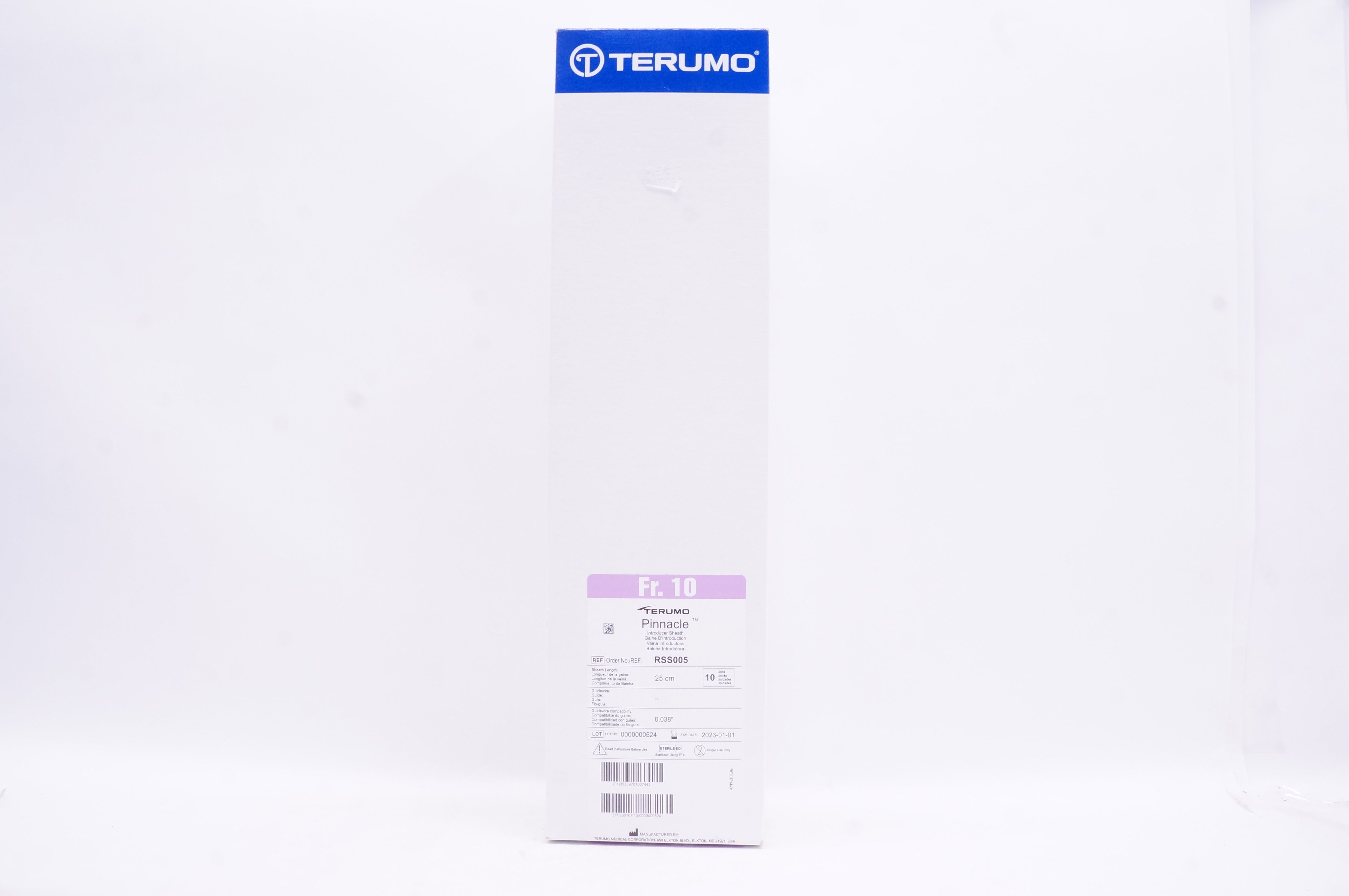 Terumo RSS005 Pinnacle Introducer Sheath 10Fr. x 25 cm. x 0.038 inch - Box of 10