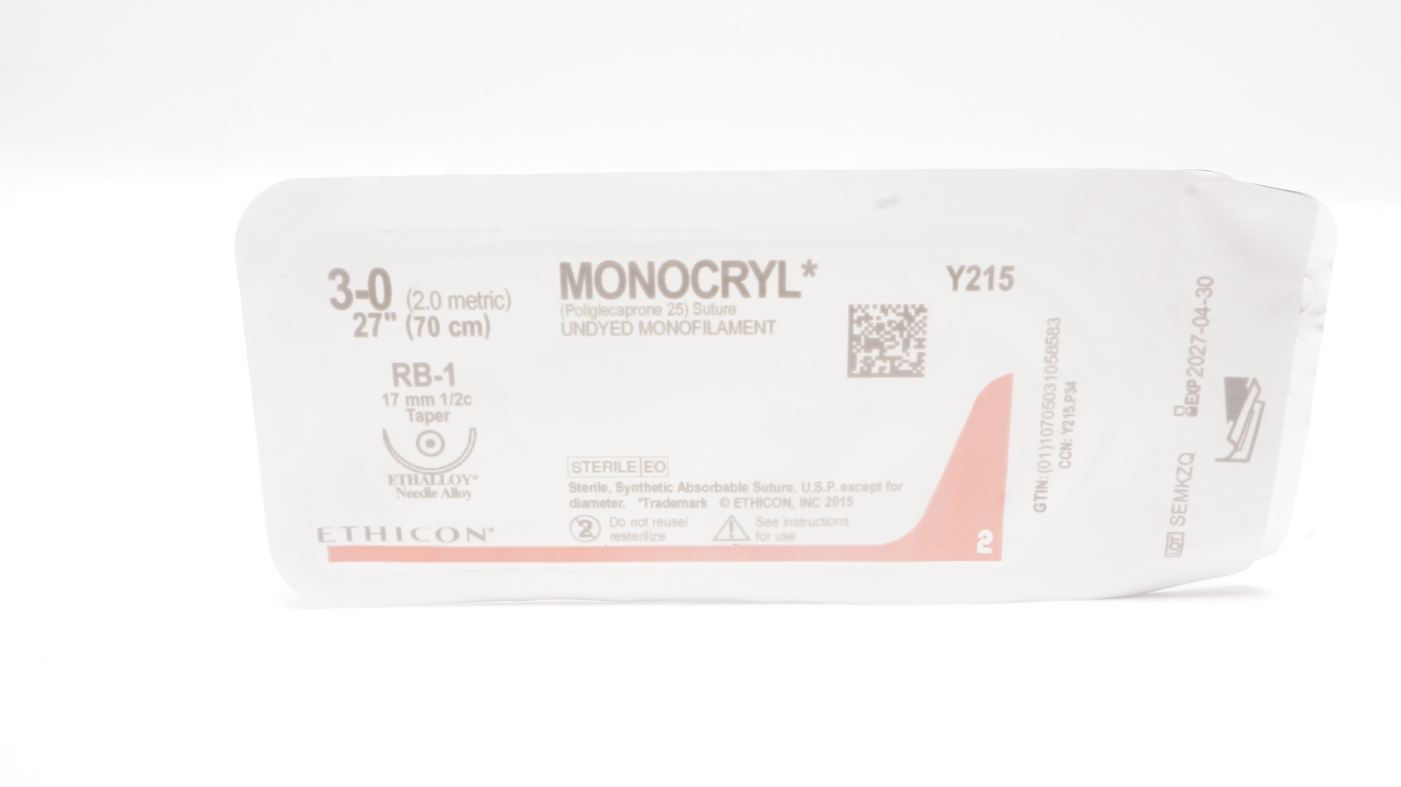 Ethicon Y215 3-0 MONOCRYL Poliglecaprone Stre RB-1 17mm 1/2c Taper, 27inch