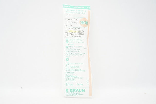 Braun 4251130-02 Introcan Safety 3 Closed IV Cath. Pur 20Ga. x 1 1/4In 60ml (x)