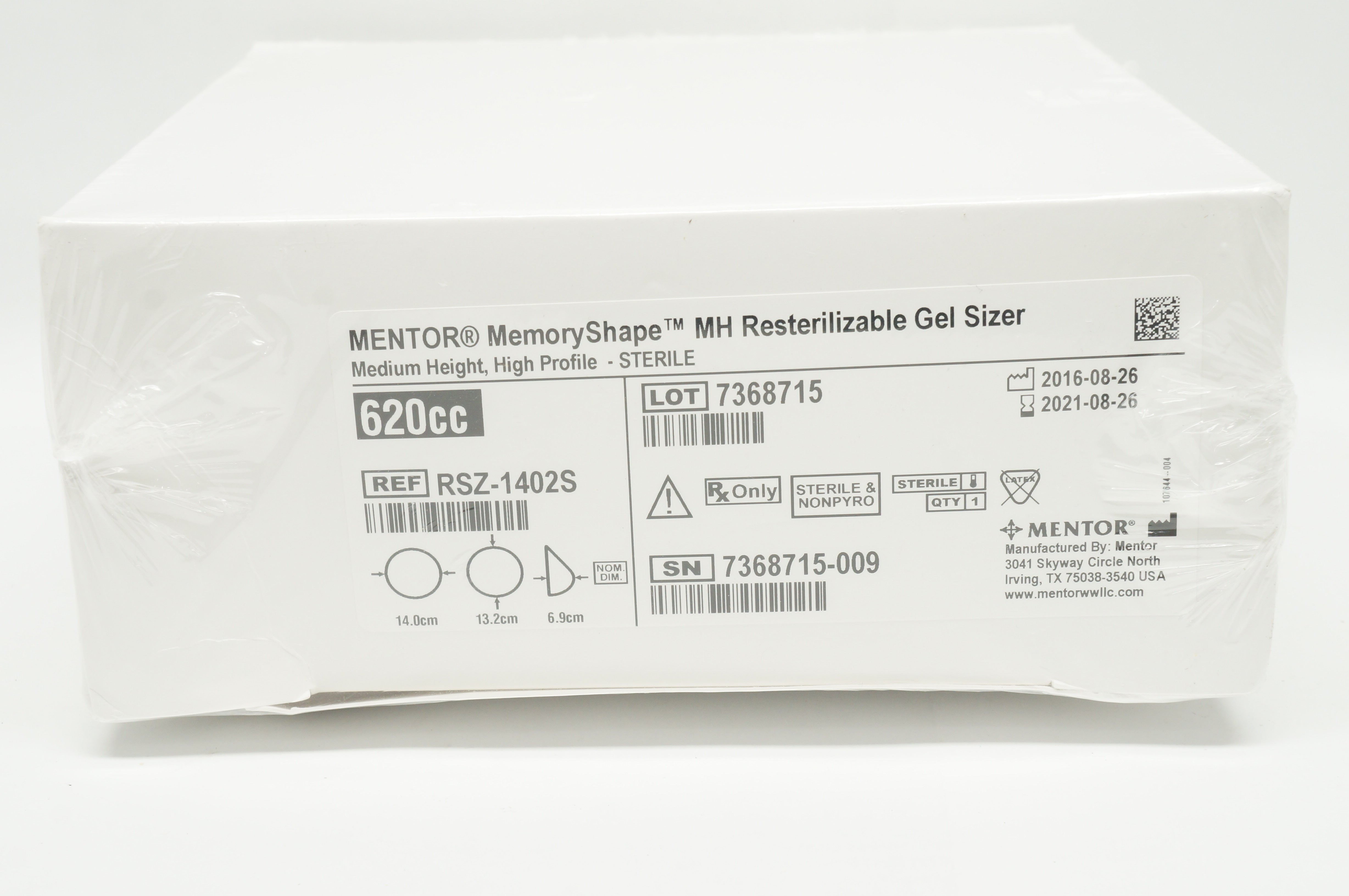 Mentor RSZ-1402S Memory Shape MM+ Resterilizable Gel Sizer 620cc (x)