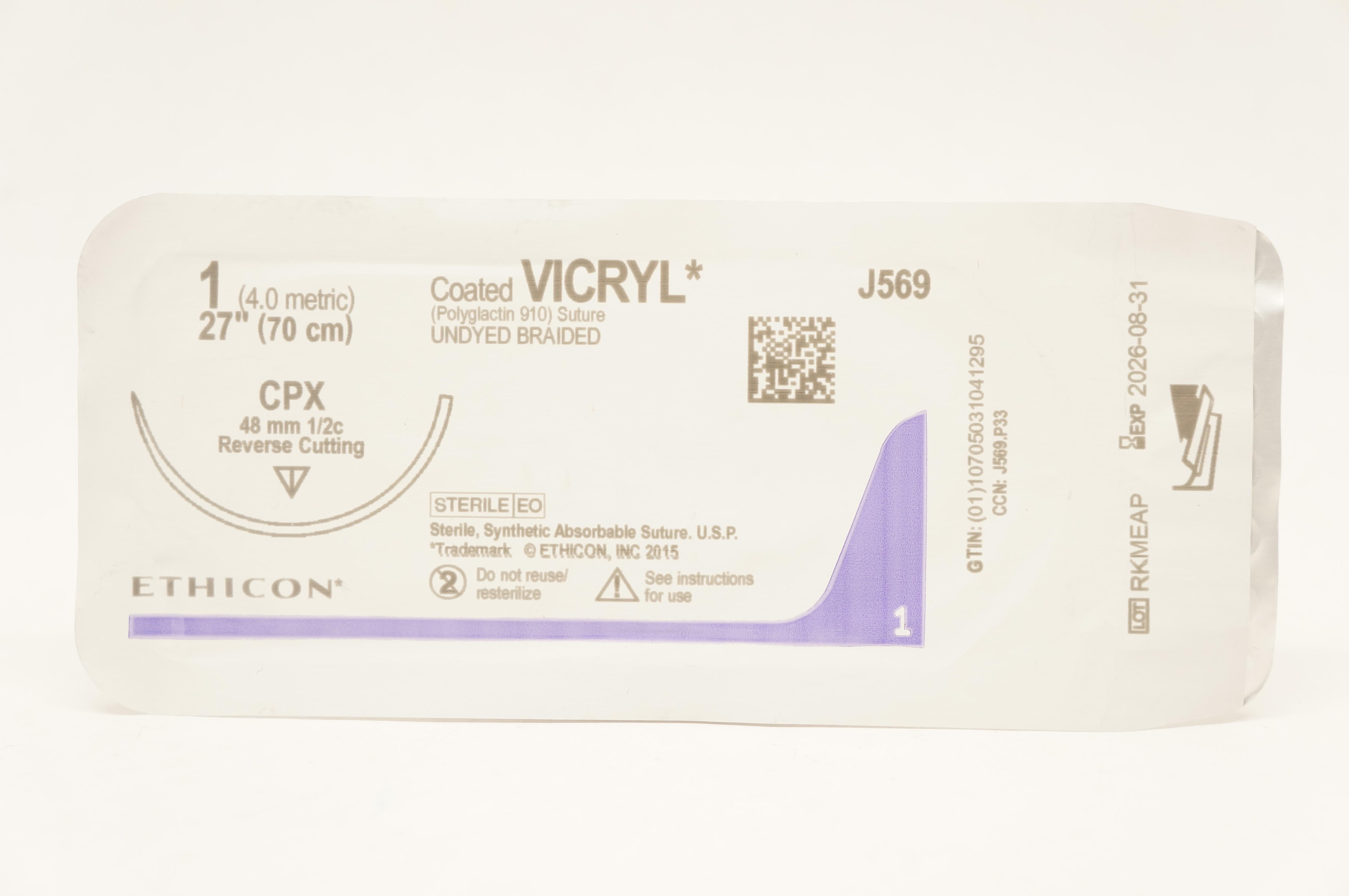 Ethicon J569 1 Coated VICRYL Stre CPX 48mm 1/2c Reverse Cutting, 27inch