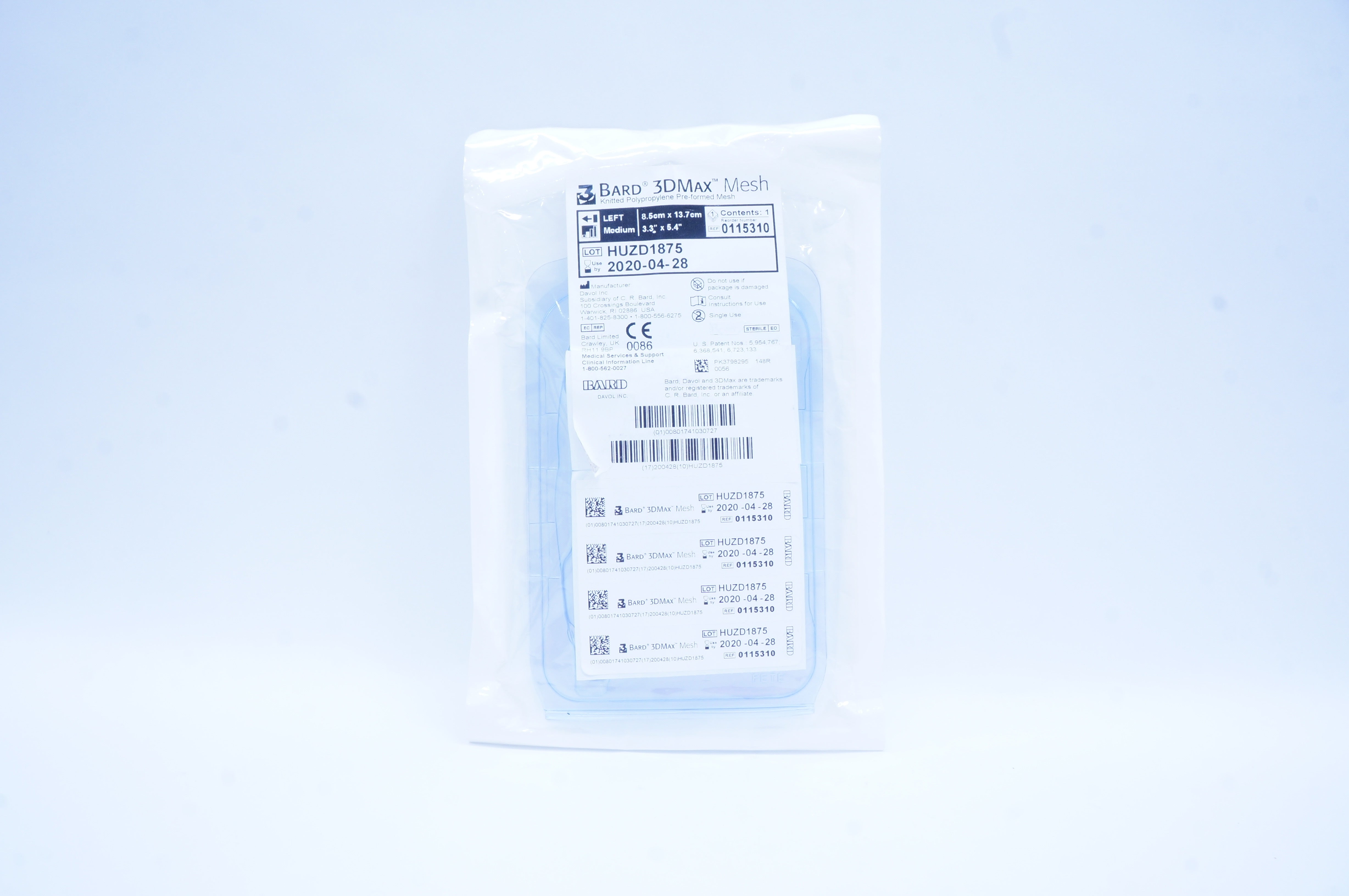 Bard 0115310 3D Max Knitted Polypropylene Pre-Formed Mesh 3.3 x 5.4 inch (x)