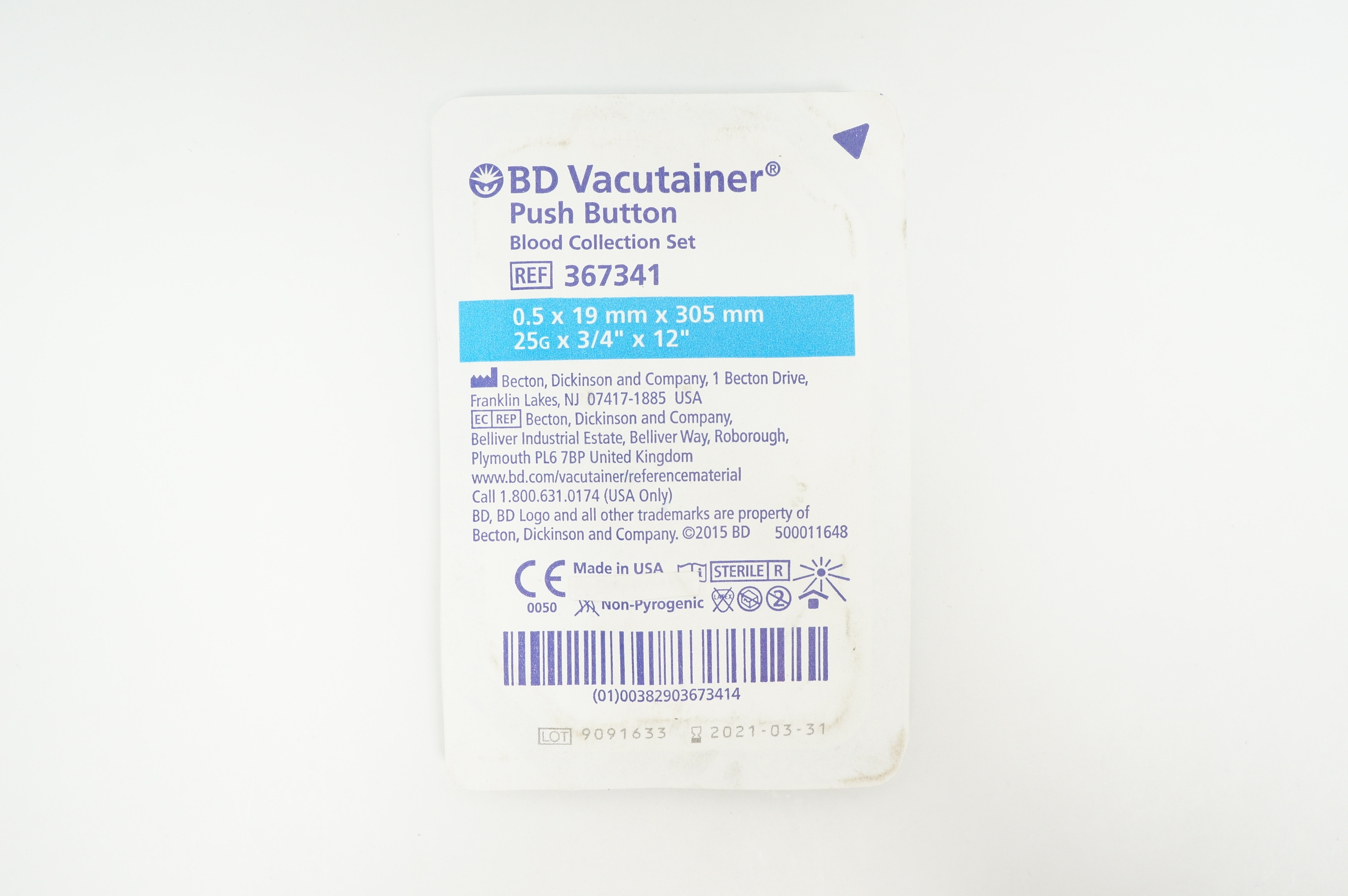 BD 367341 Vacutainer Push Button Blood Collection Set 25G x 3/4inch x 12inch (x)