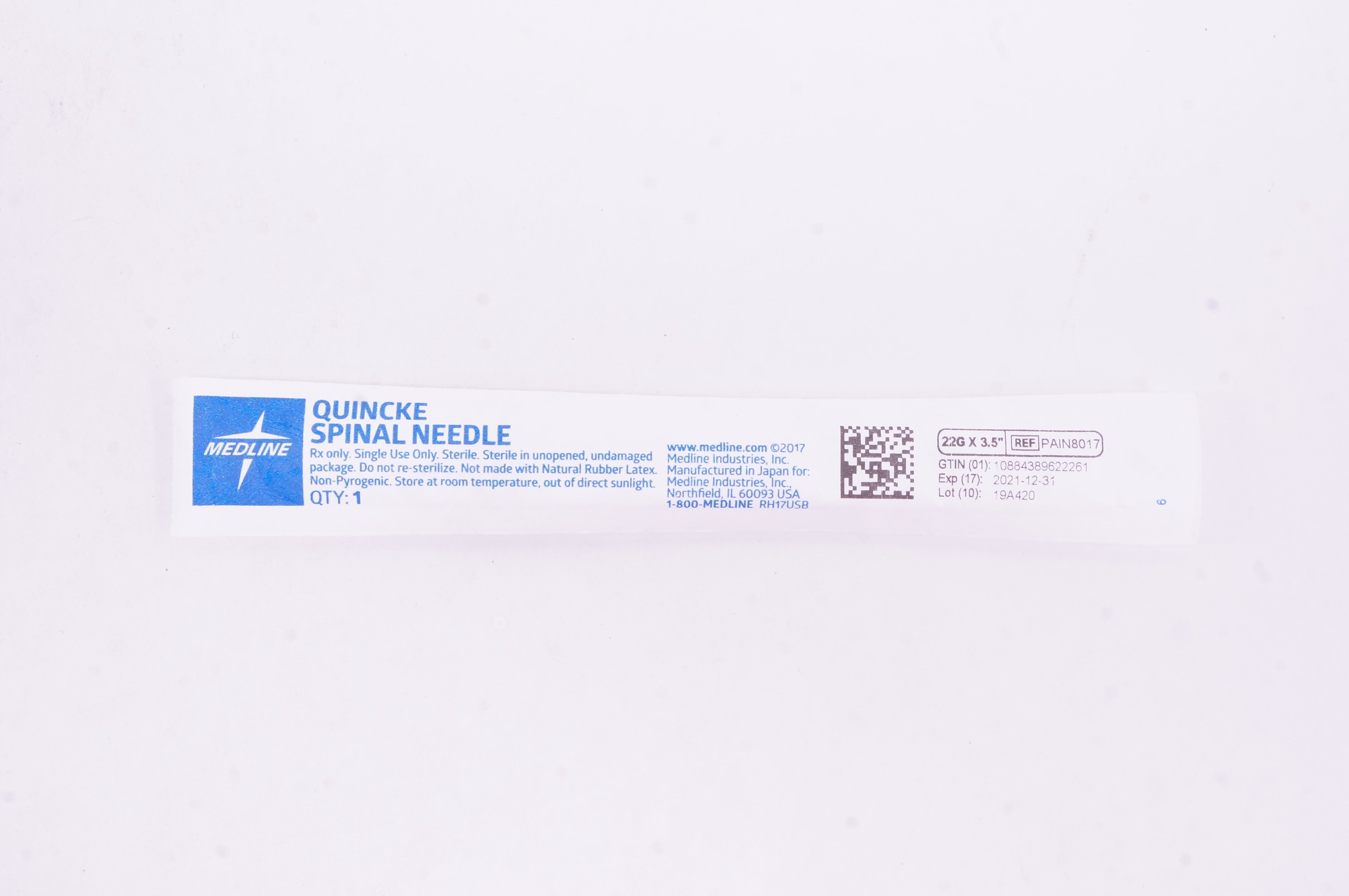 Medline PAIN8017 Quincke Spinal Ndle 22G x 3.5 inch