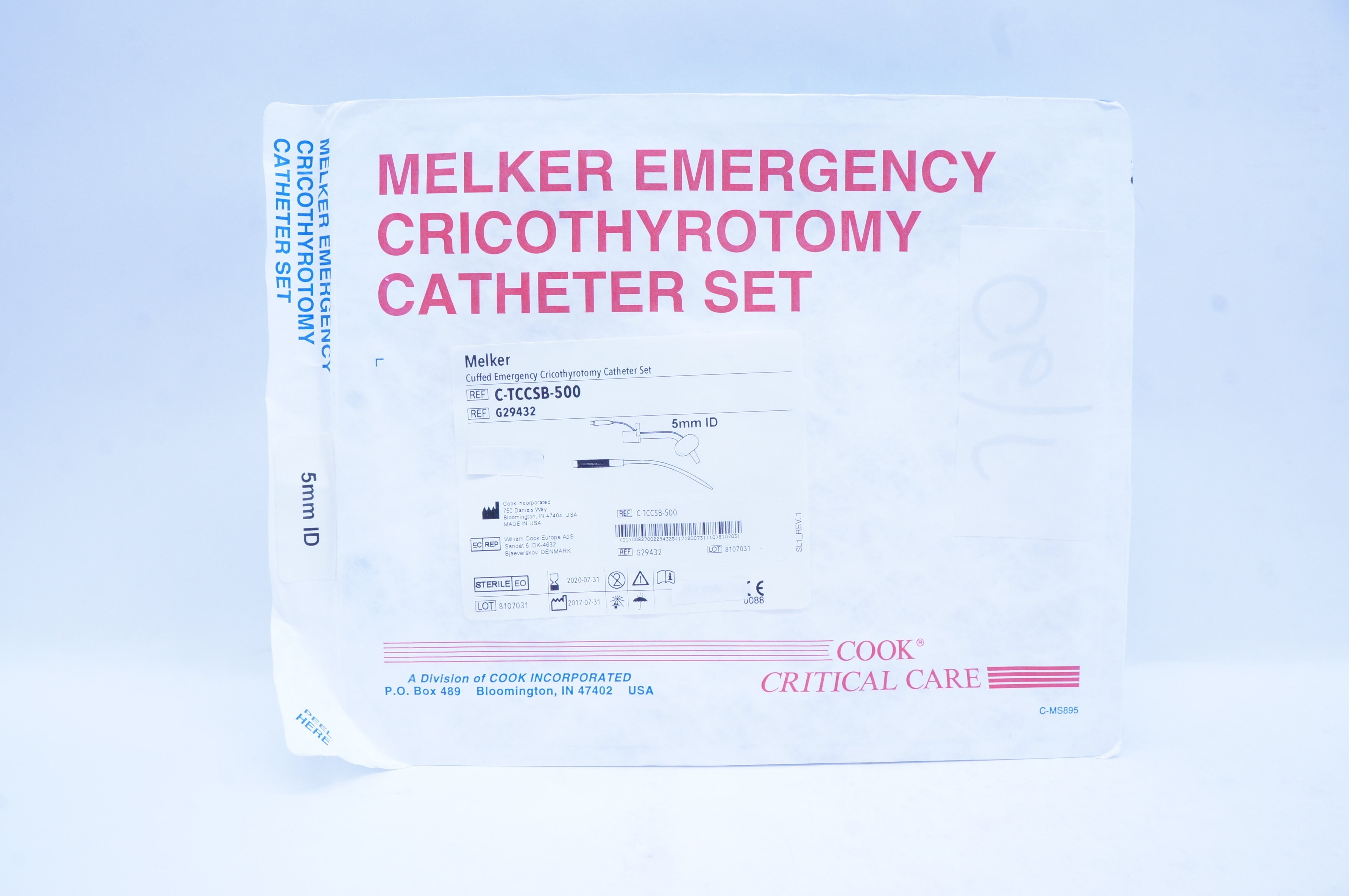 Cook G29432 Melker Cuffed Emergency Cricothyrotomy Cath. Set 5mm ID (x)