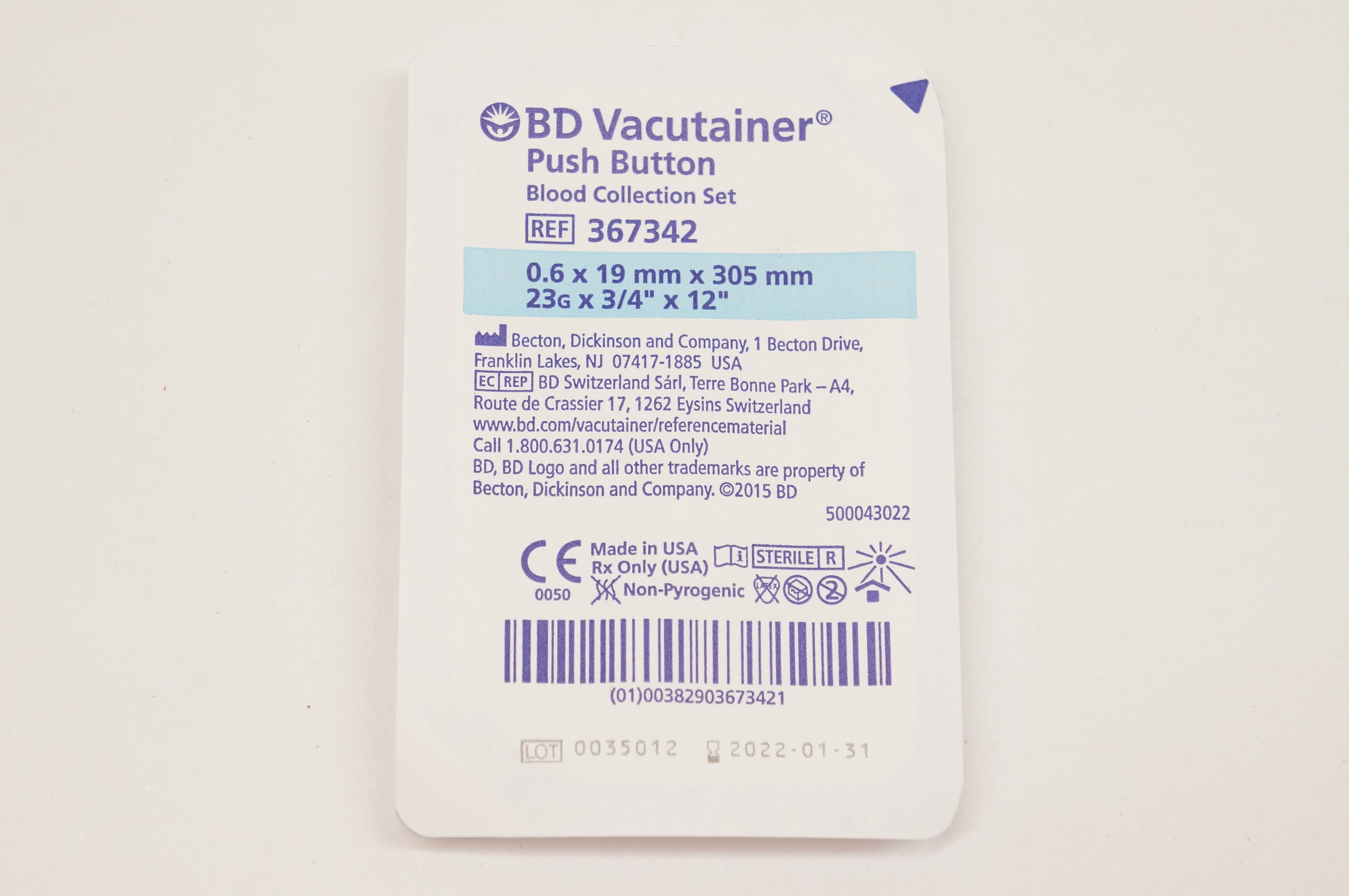 BD 367342 Vacutainer Push Button Blood Collection Set 23G x 3/4inch x 12inch