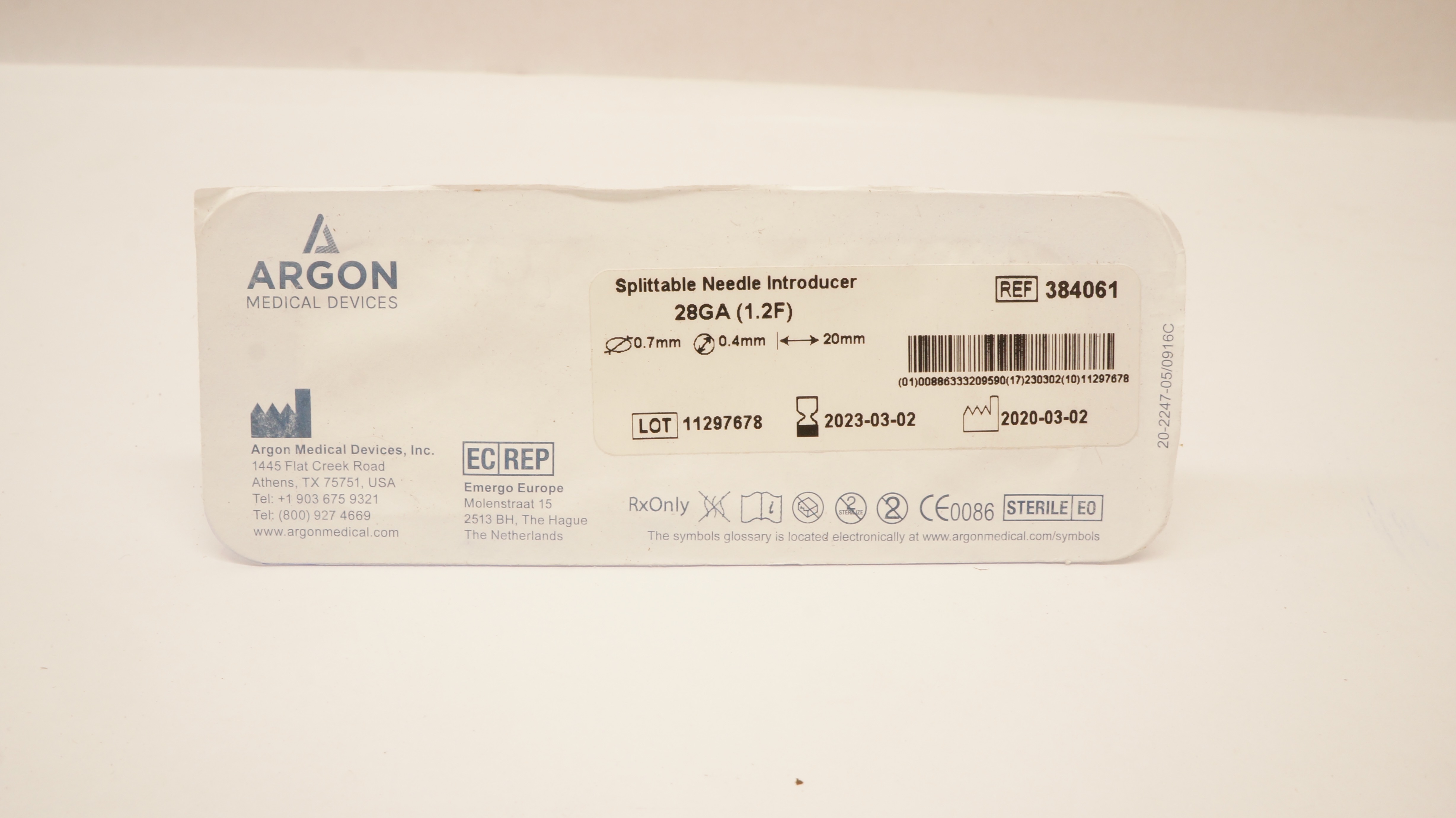 Argon 384061 Splittable Ndle. Introducer 28Ga x 20mm (x)