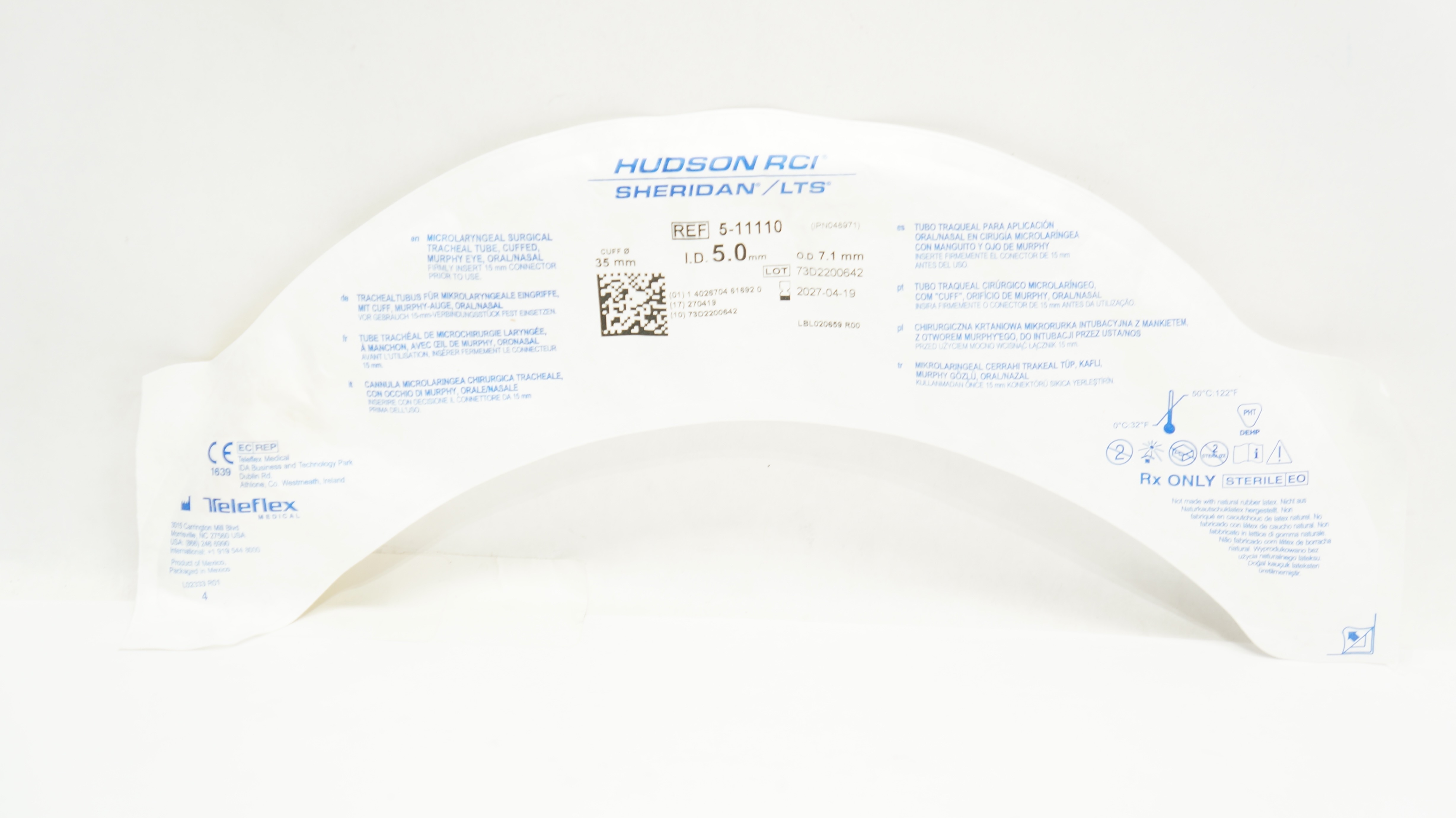 Teleflex 5-11110 Hudson RCI Microlaryngeal Tracheal Tube 5.0 x 7.1 x 35mm