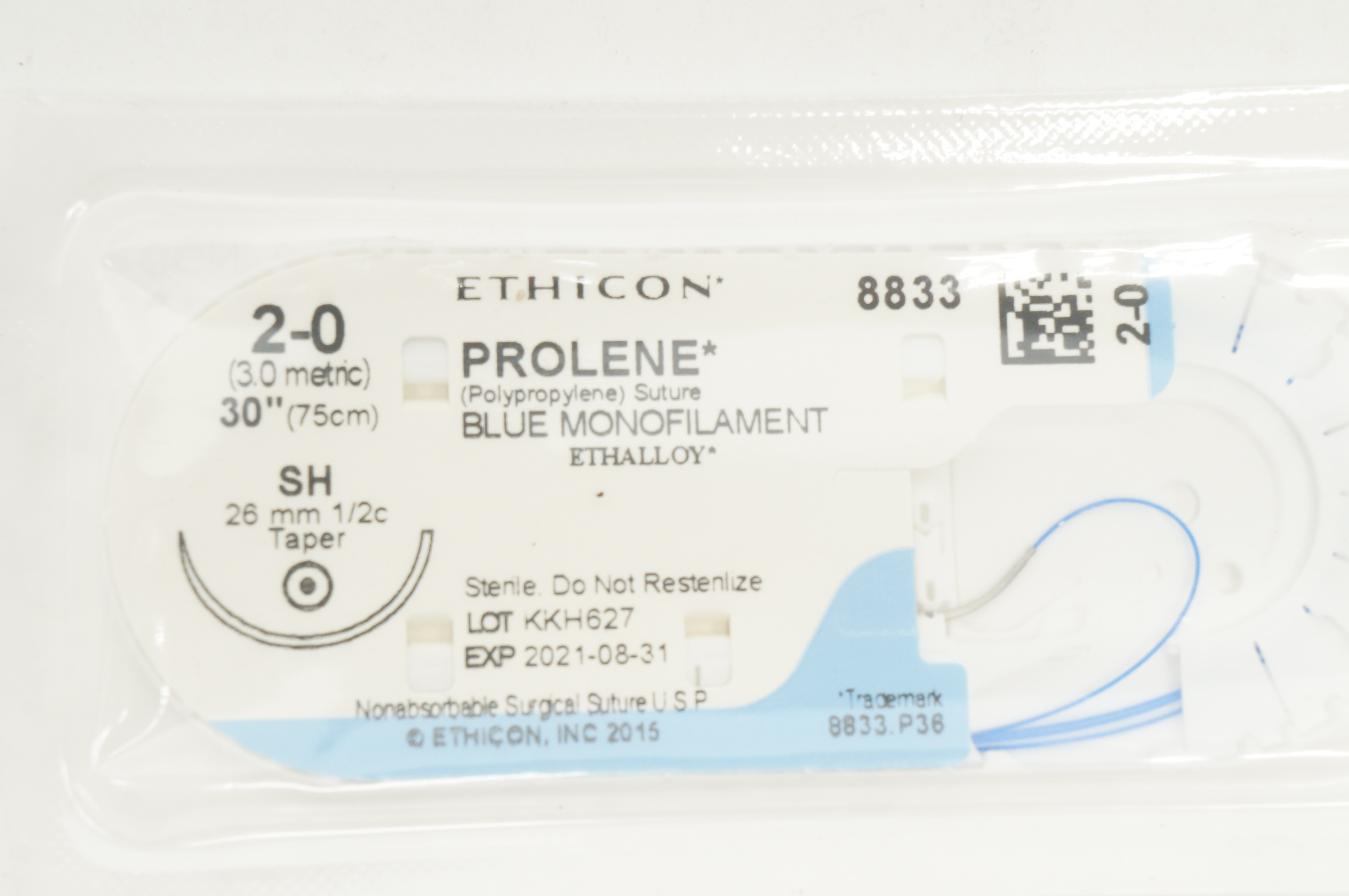 Ethicon 8833 2-0 Prolene Polypropylene SH 26mm 1/2c Taper 30 inch (x)