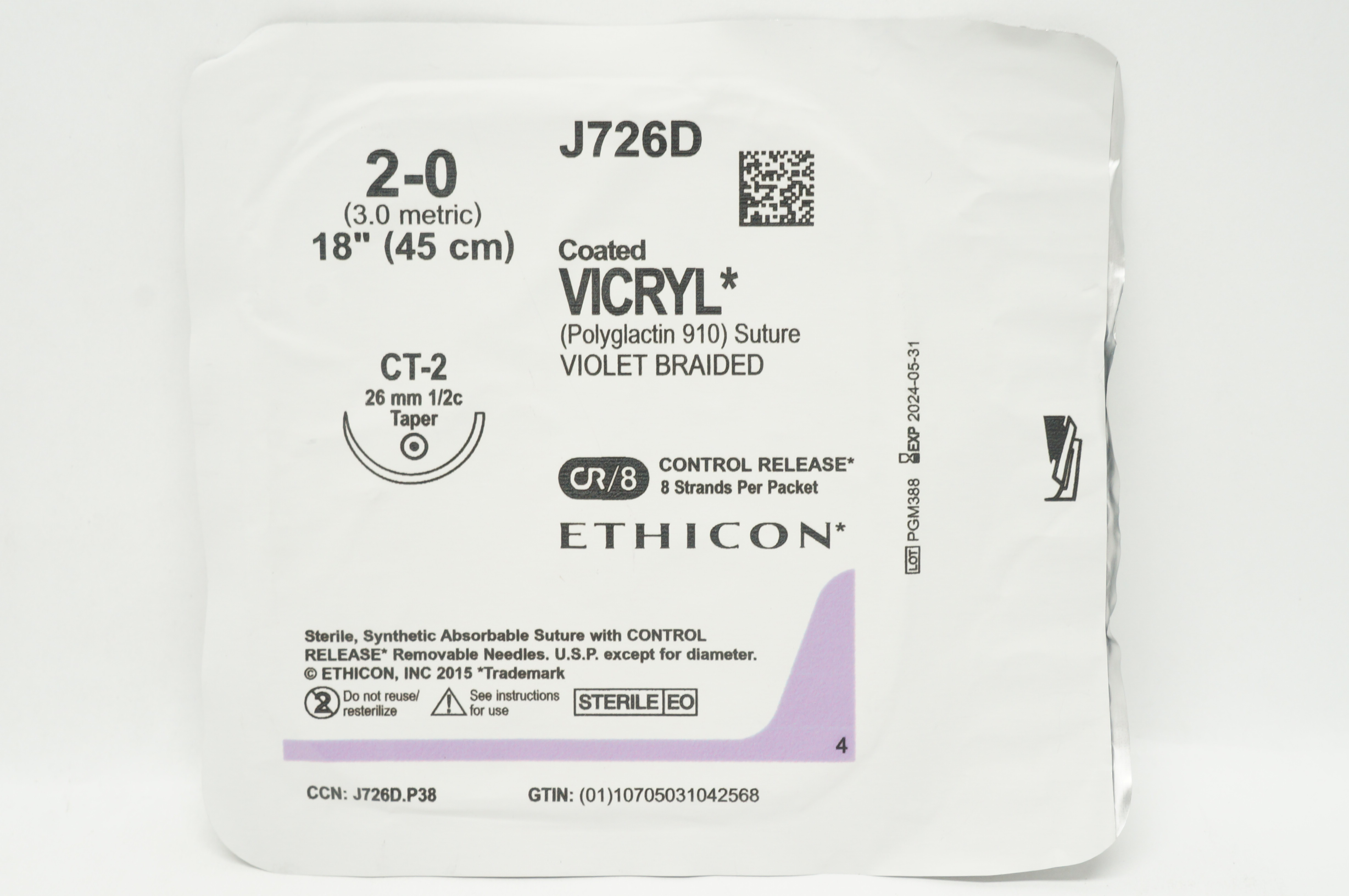 Ethicon J726D 2-0 Coated VICRYL Stre CT-2 26mm 1/2c Taper, 18inch