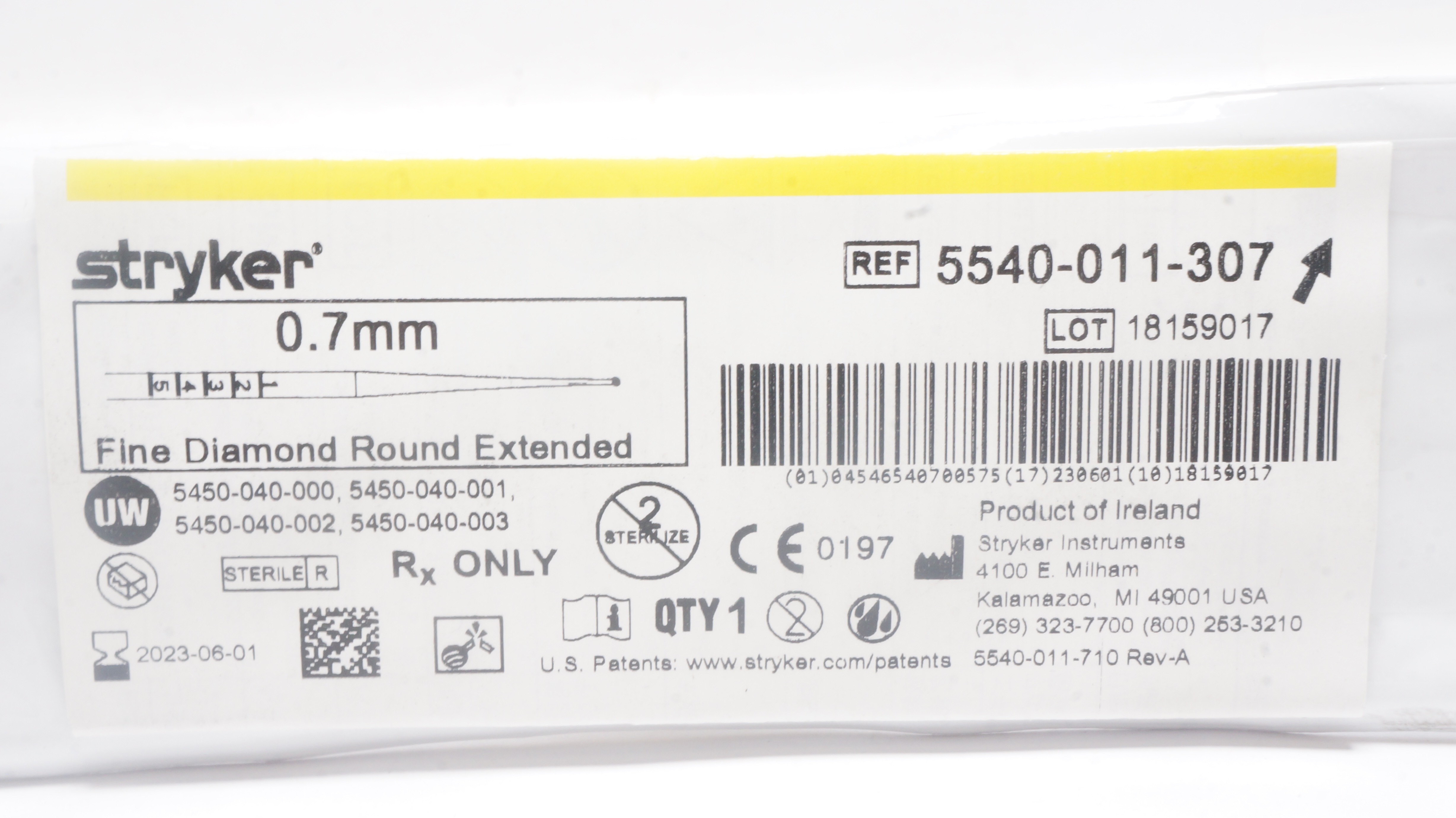 Stryker 5540-011-307 Round Fine Diamond Extended Bur 0.7mm (x)