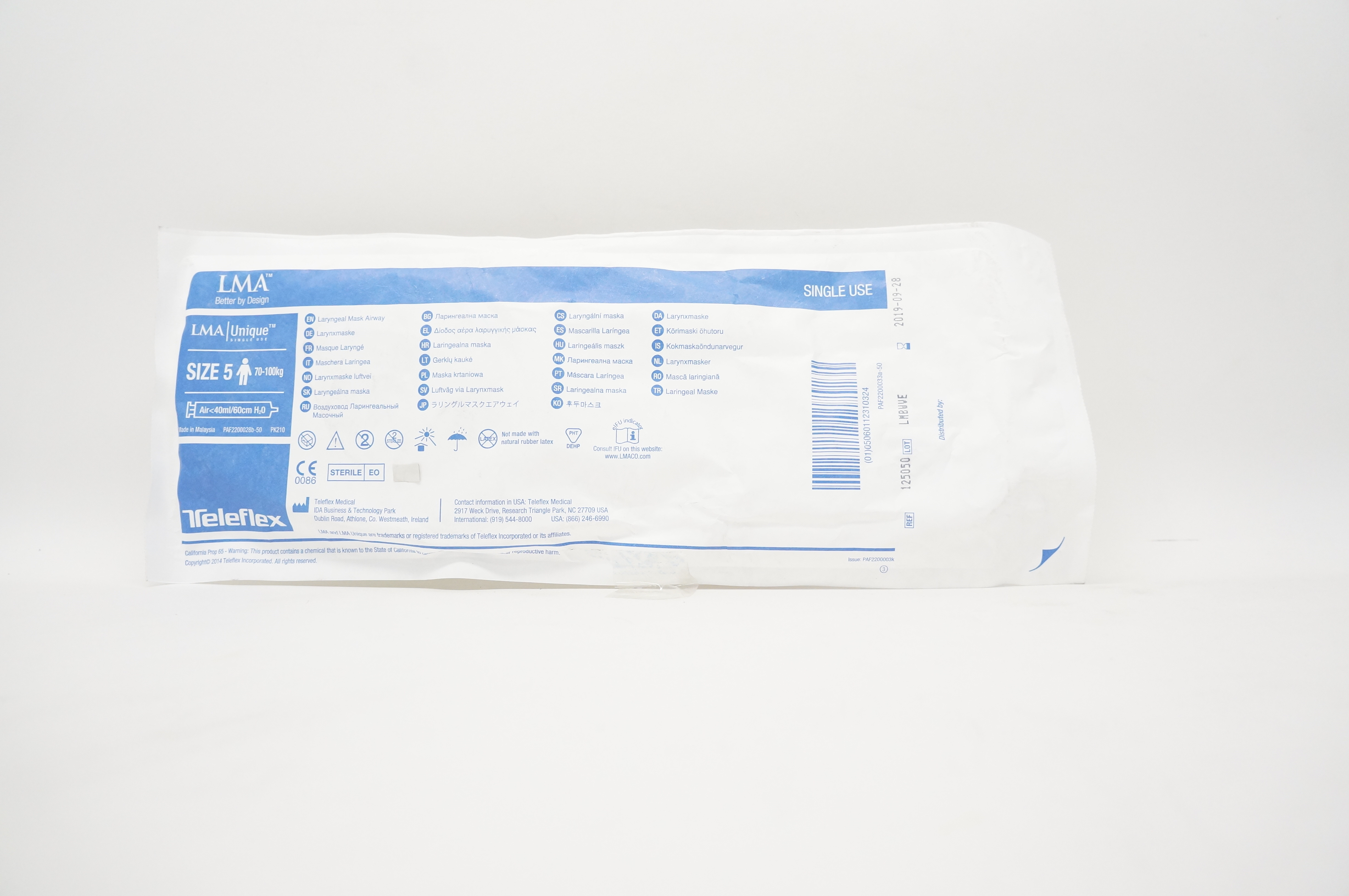 Teleflex 125050 LMA Unique Laryngeal Mask Airway Size 5 70-100kg (x)