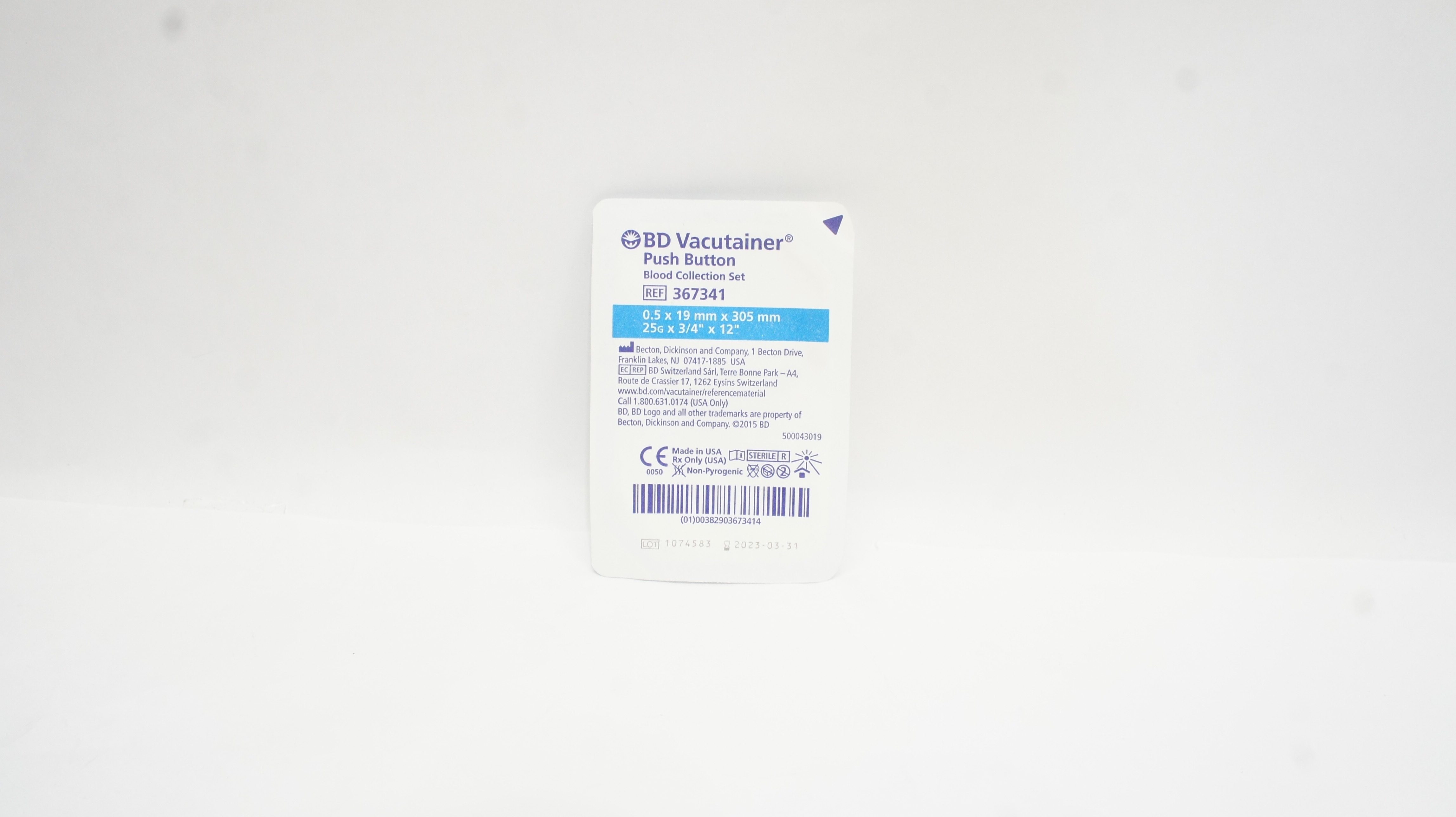 BD 367341 Vacutainer Push Button Blood Collection Set 25G x 3/4inch x 12inch (x)