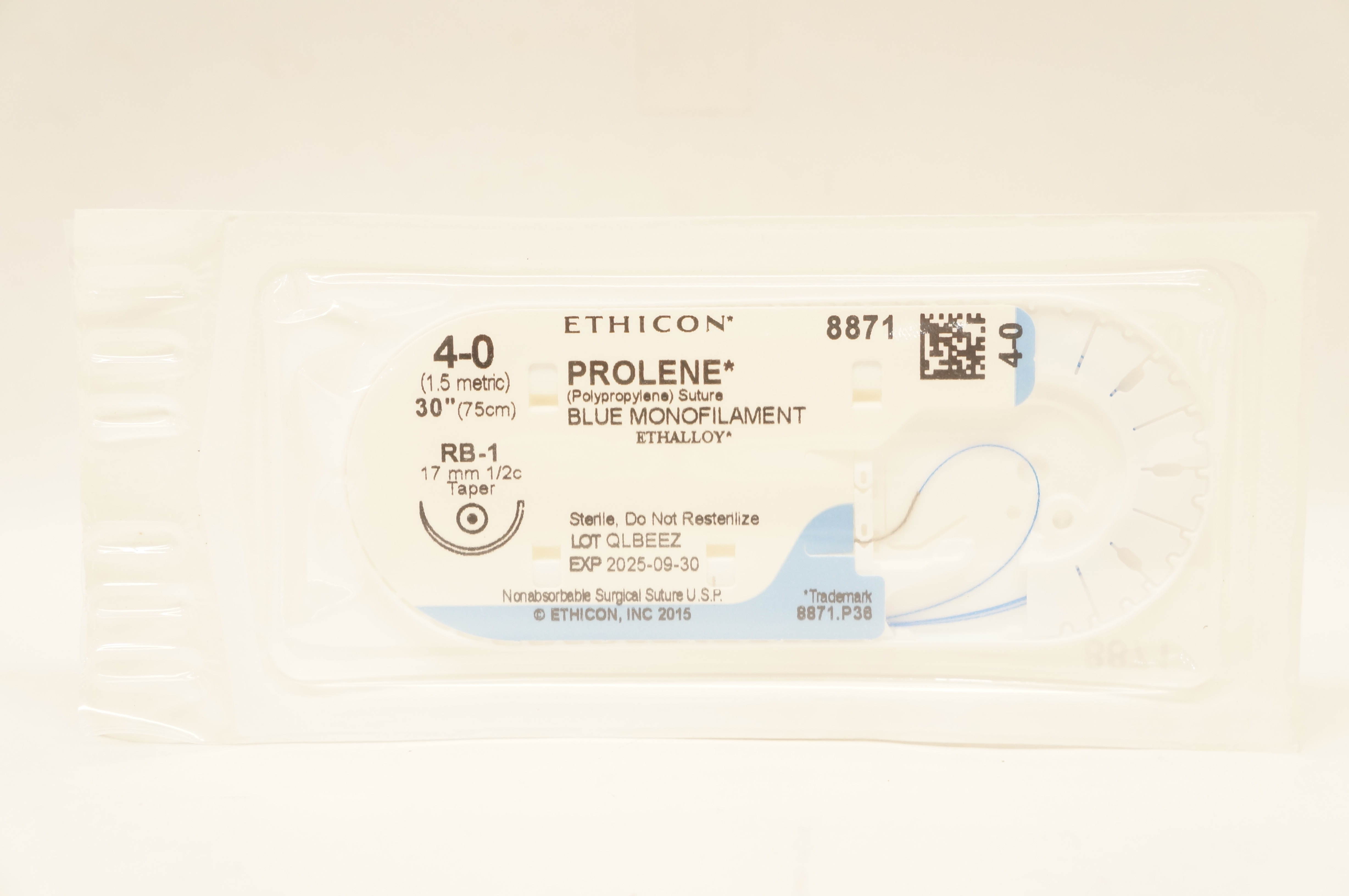 Ethicon 8871 4-0 PROLENE Polypropylene Stre RB-1 17mm 1/2c Taper, 30inch