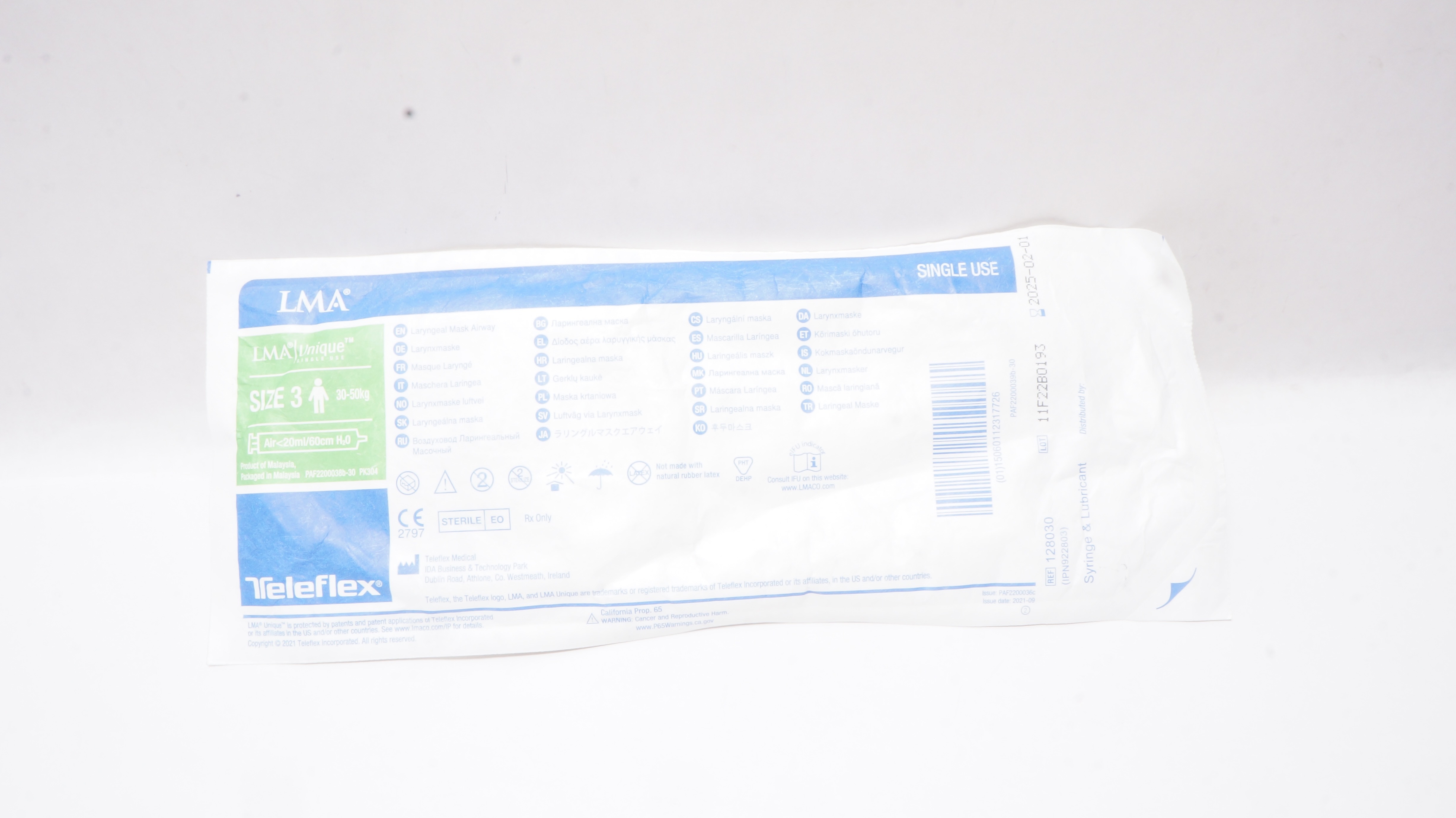 Teleflex 128030 LMA Unique Laryngeal Mask Airway, Size 3 30-50kg, <20ml/60cm H2O