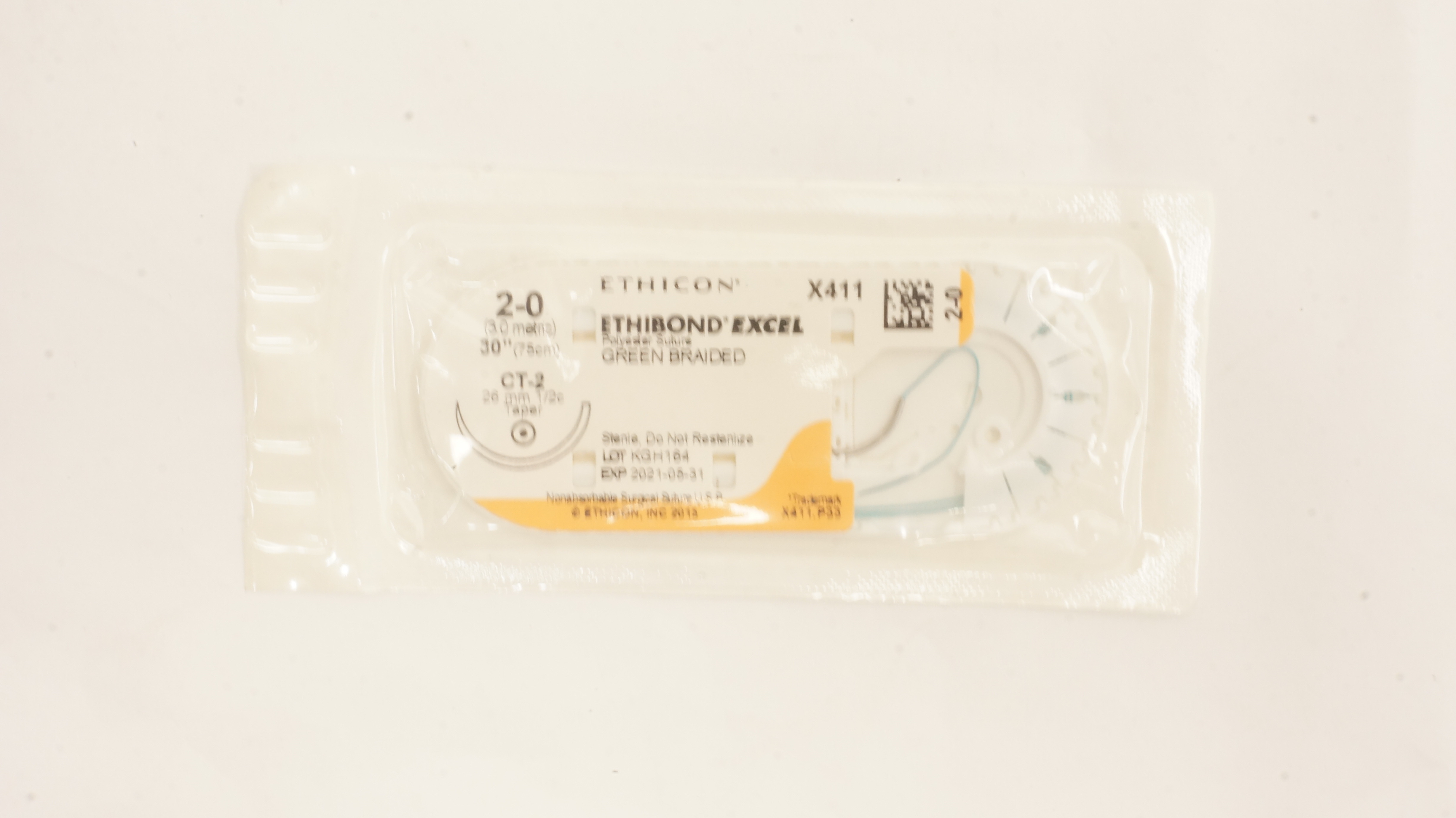Ethicon X411 2-0 ETHIBOND EXCEL Polyester Stre CT-2, 26mm 1/2c Taper, 30inch (x)