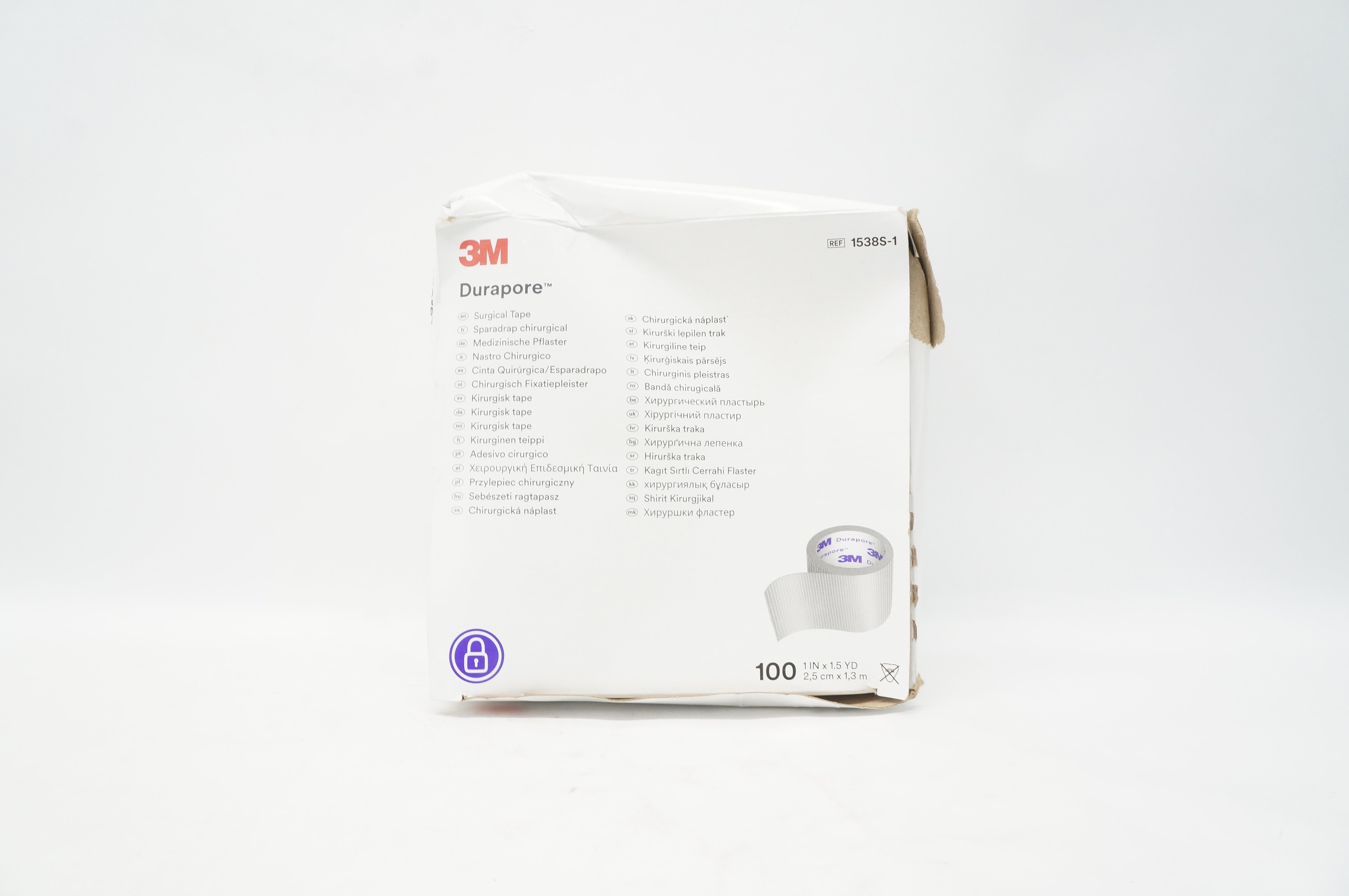 3M 1538S-1 Durapore Single Use Rolls Surgical Tape 1 inch x 1.5 yd. - Box of 100