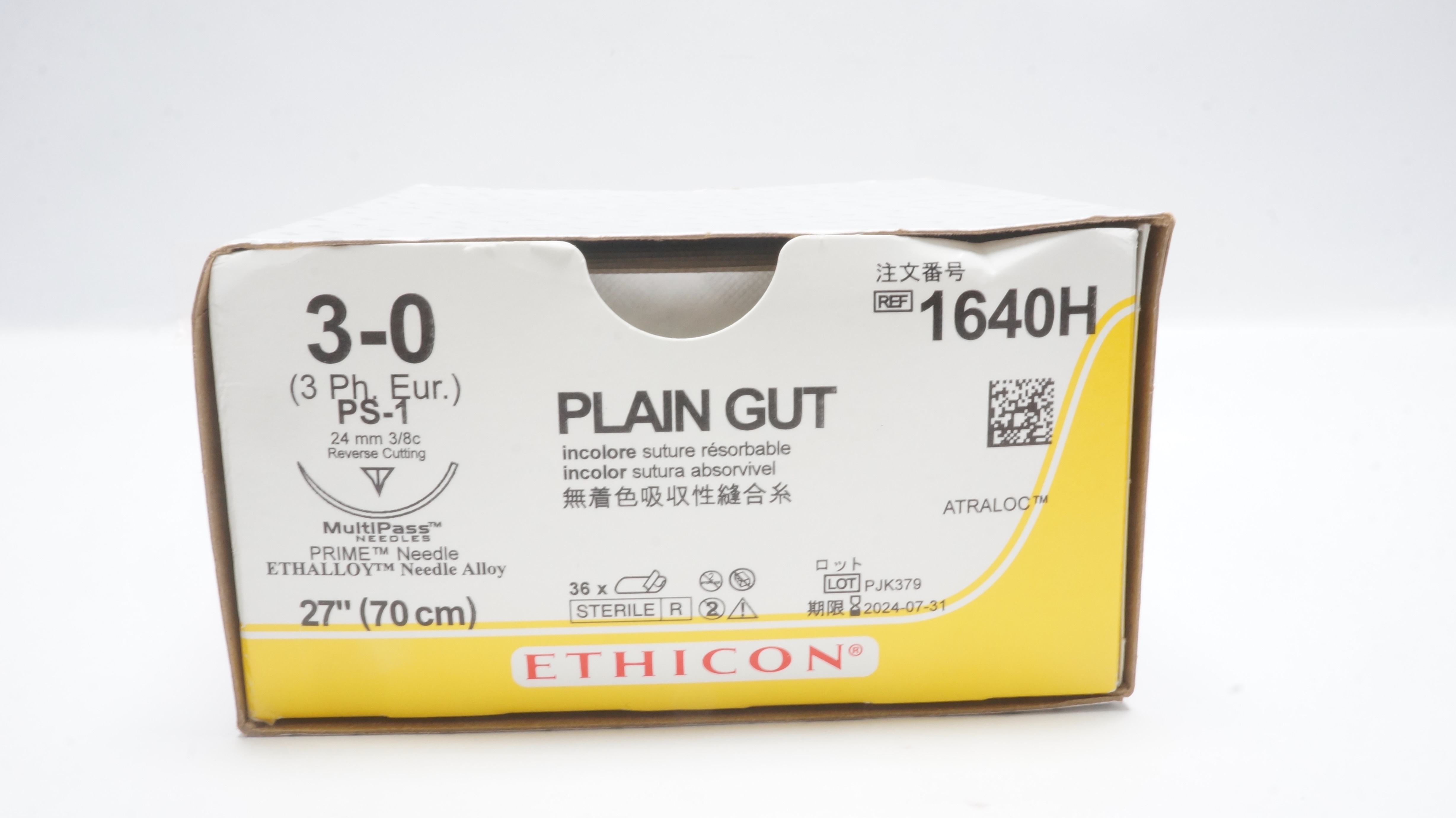 Ethicon 1640H 3-0 PLAIN GUT 27inch Stre. PS-1, 24mm 3/8c  Ndle.(x) - Box of 36