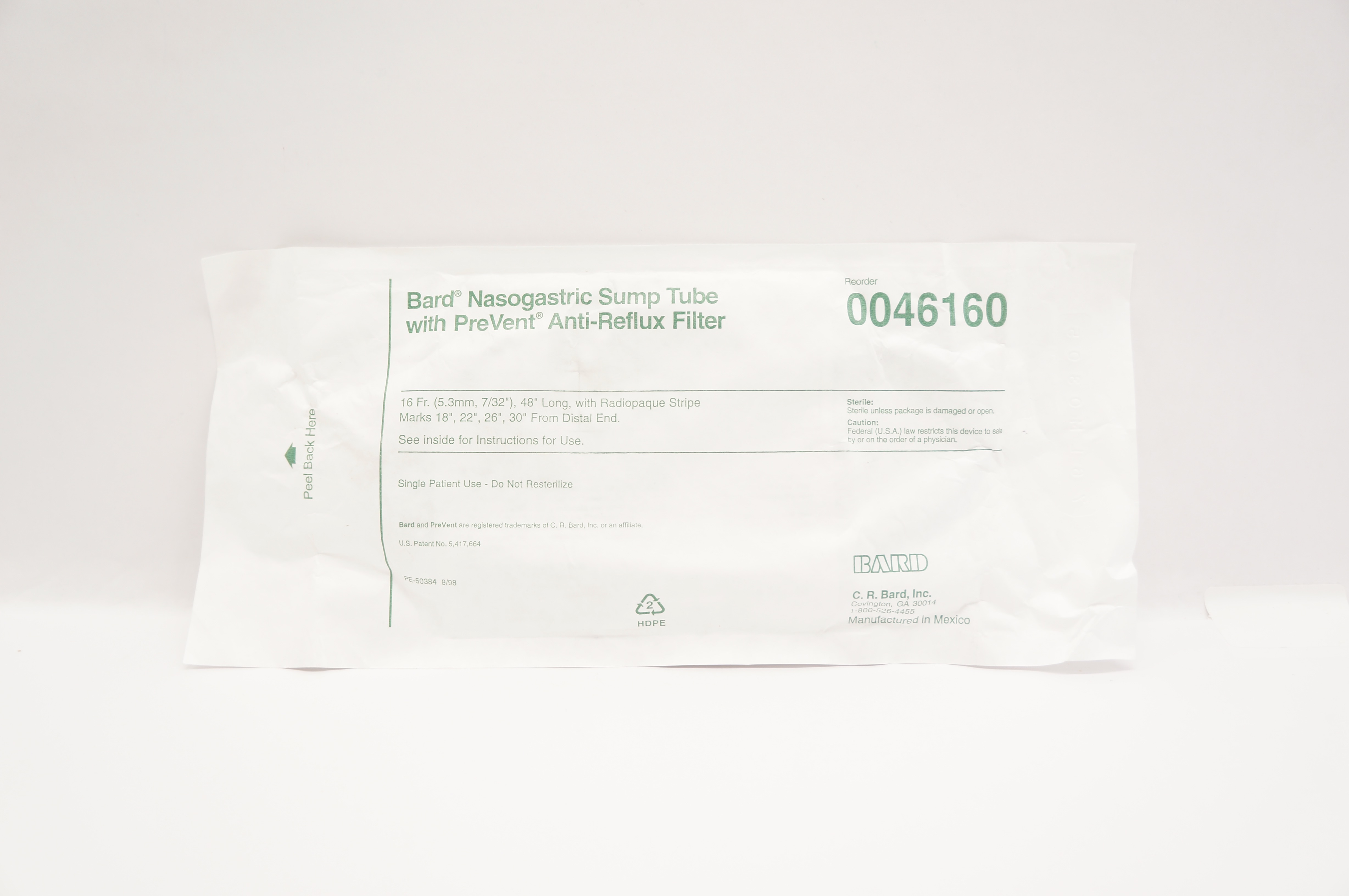 Bard 0046160 Nasogastric Sump Tube W/PreVent Anti-Reflux Filter 16Fr x 48inch