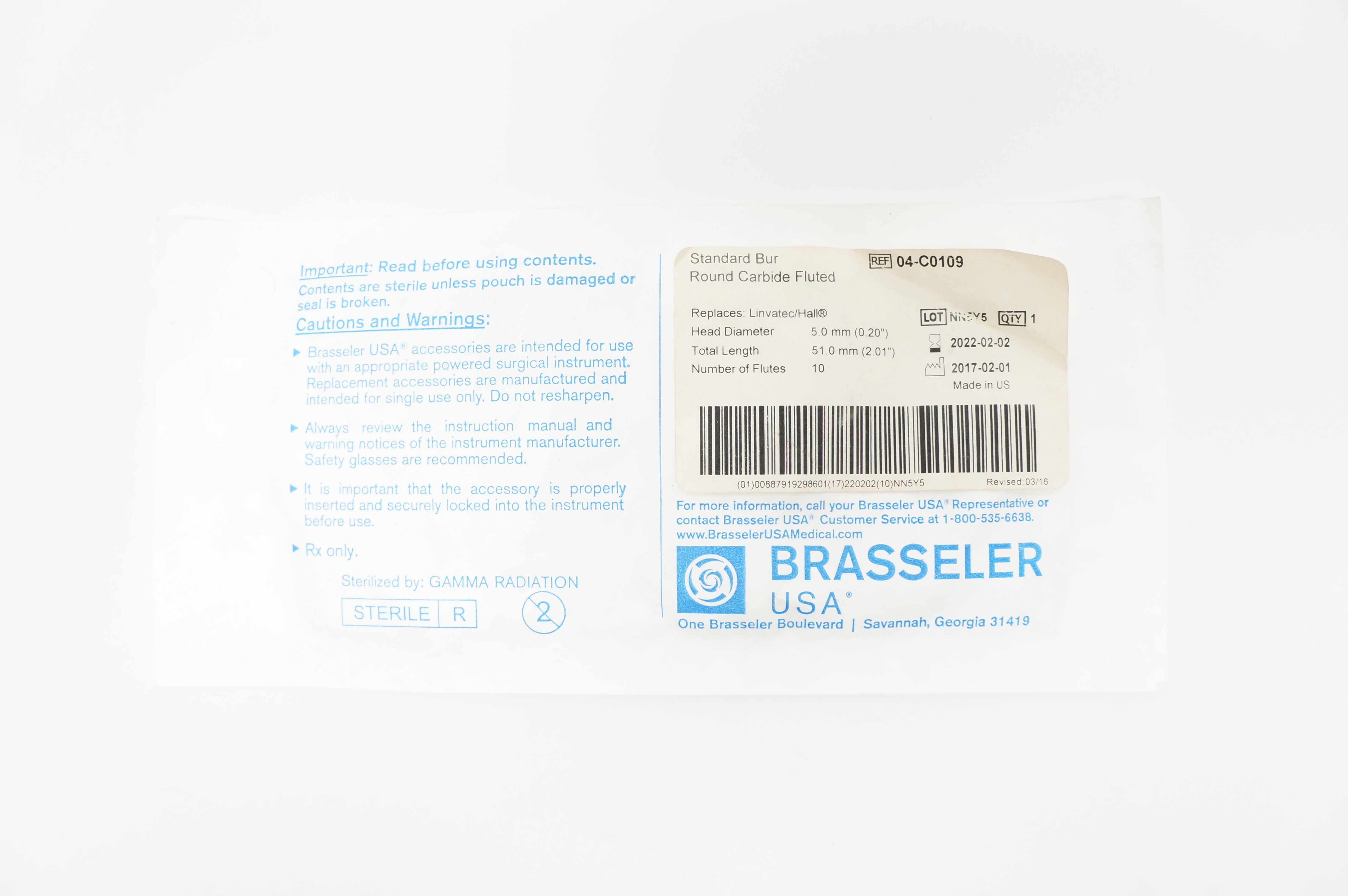 Brasseler 04-C0109 Standard Bur Round Carbide Fluted 5 x 51mm (x)