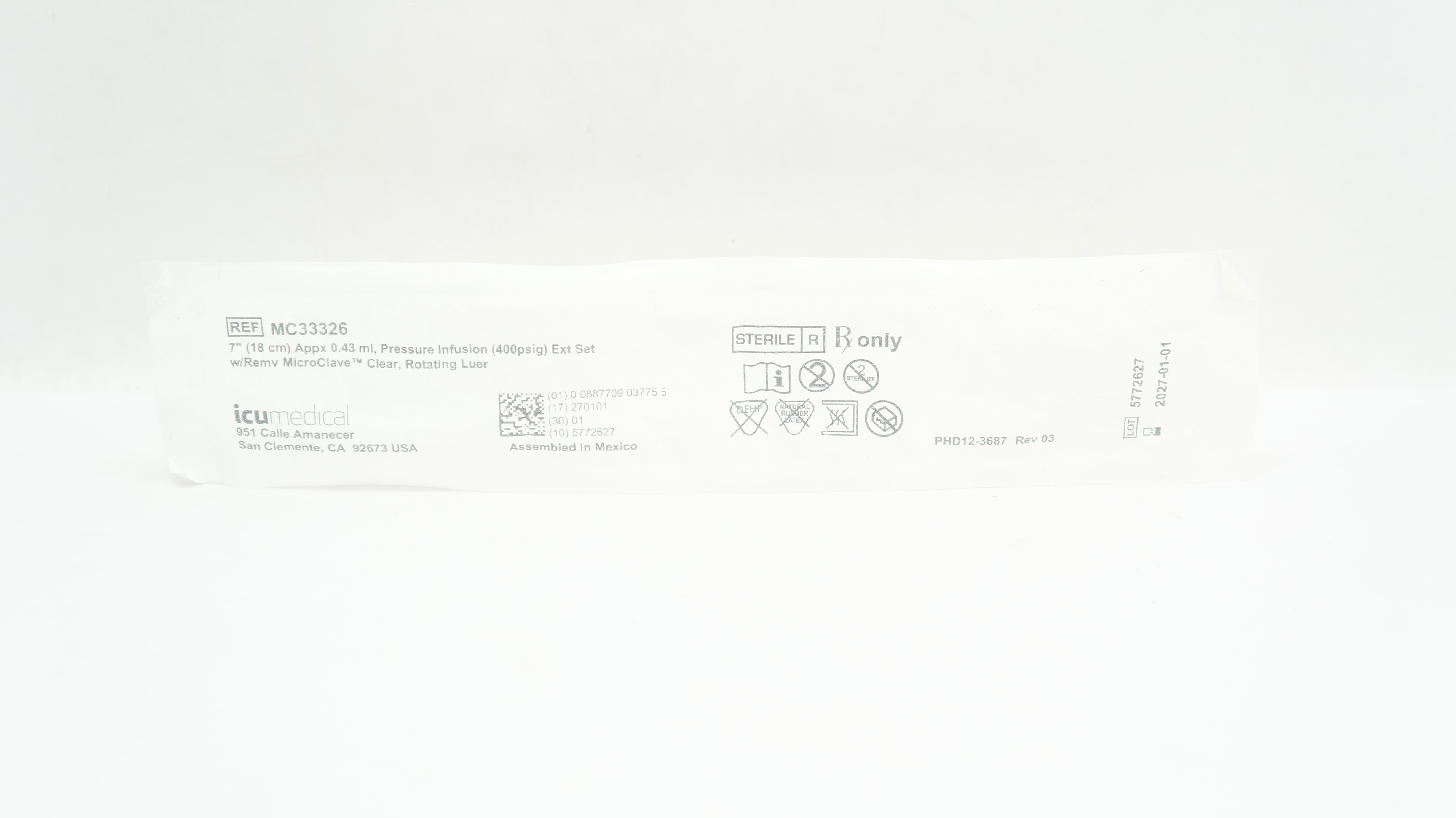 ICU Medical MC33326 7inch Appx. 0.51ml Pressure Infusion Extension Set