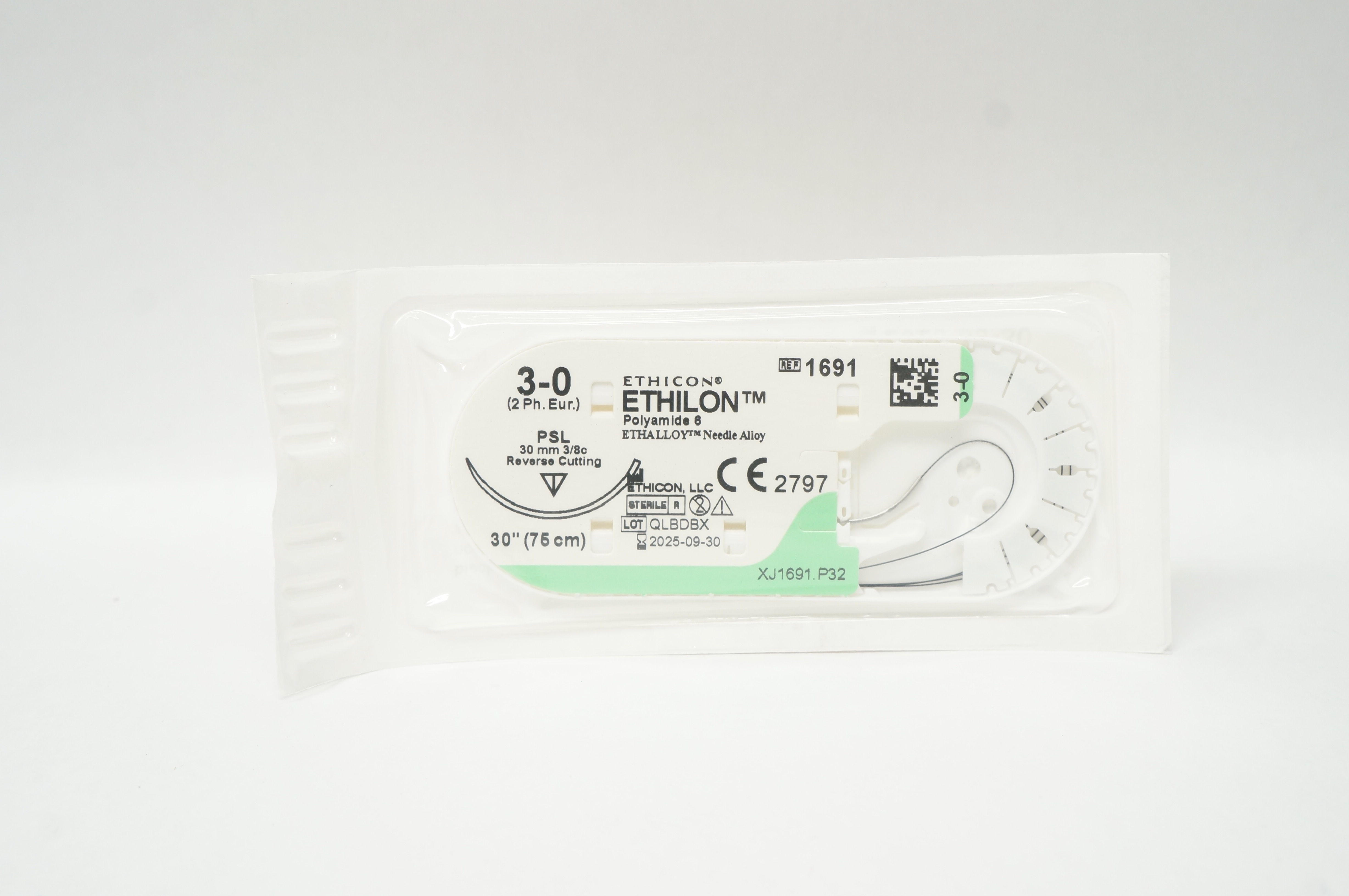 Ethicon 1691 3-0 ETHILON PSL 30mm 3/8c Reverse Cutting 30inch