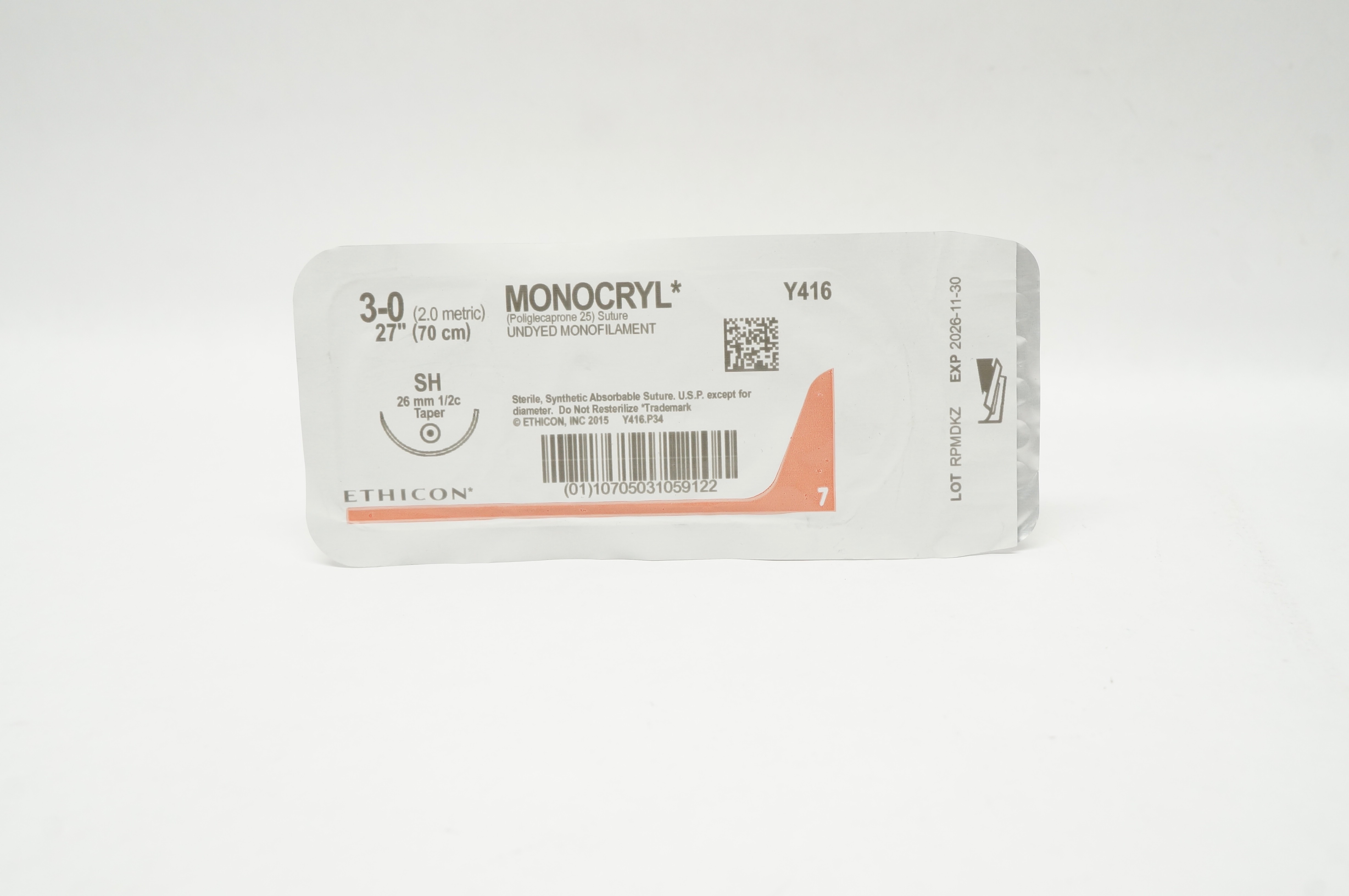 Ethicon Y416 3-0 Monocryl Undyed Monofilament SH 26mm 1/2c Taper 27inch